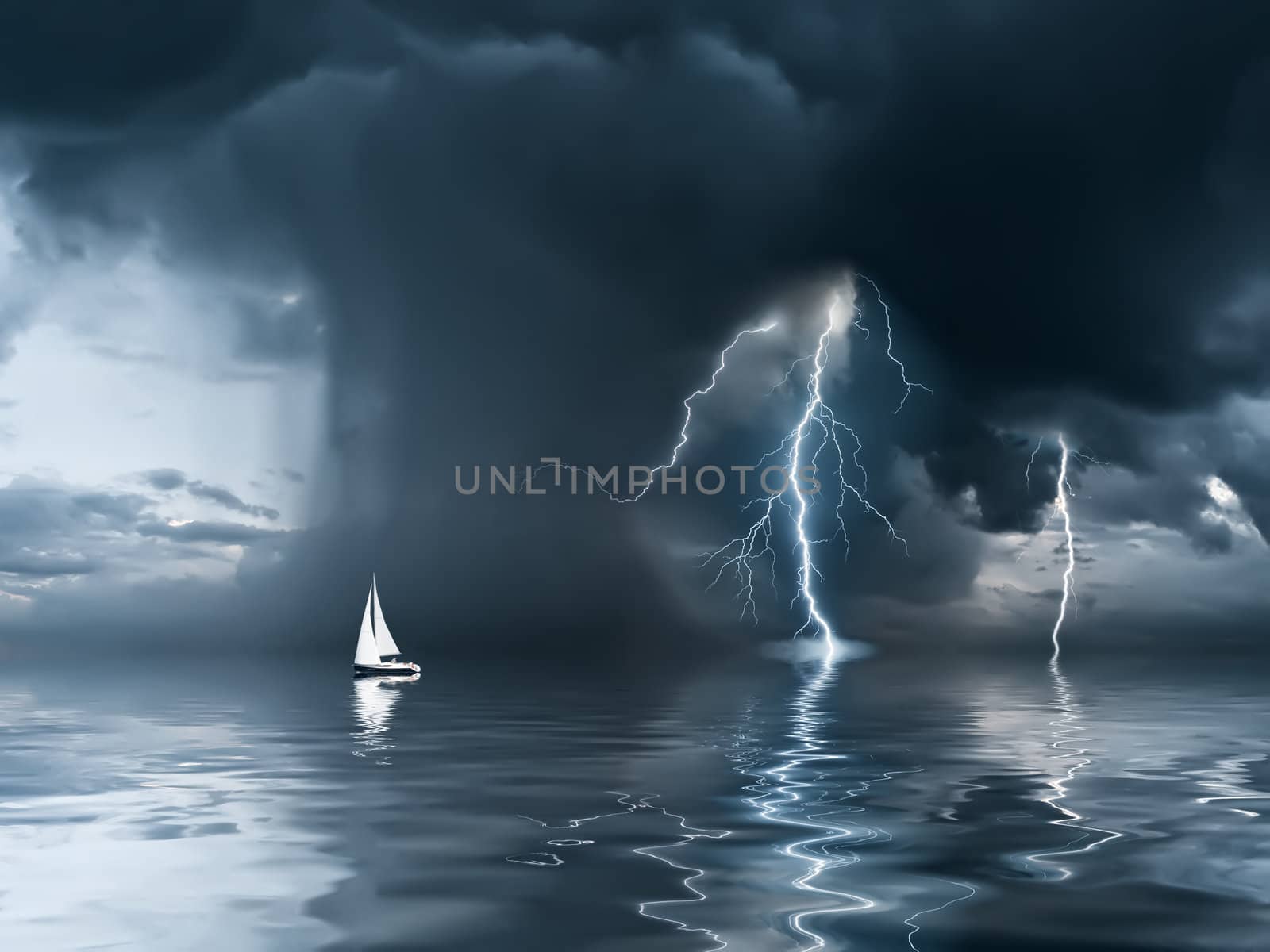 Yacht at the ocean, comes nearer a thunderstorm with rain and lightning on background