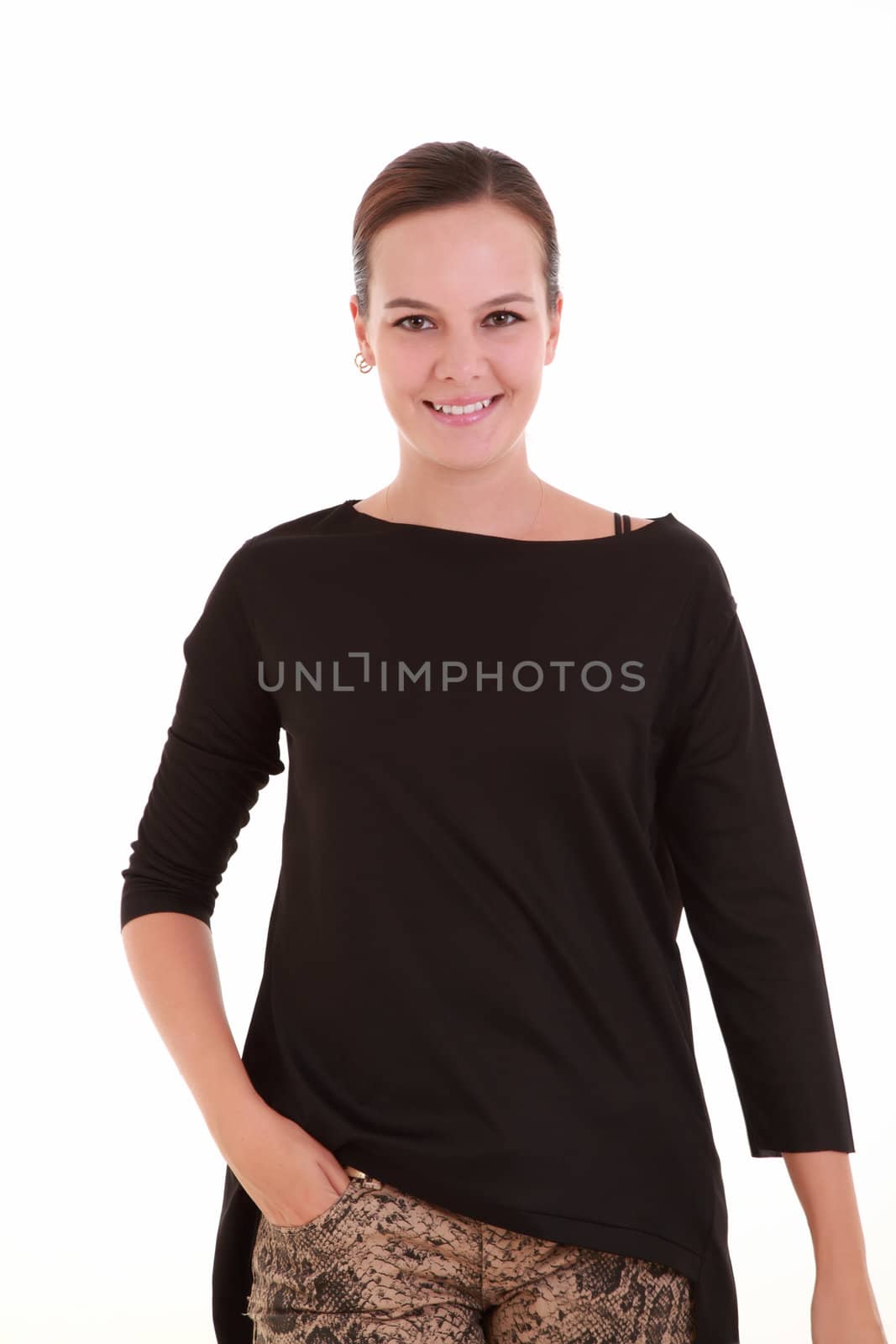 Vertical portrait of young female on white background