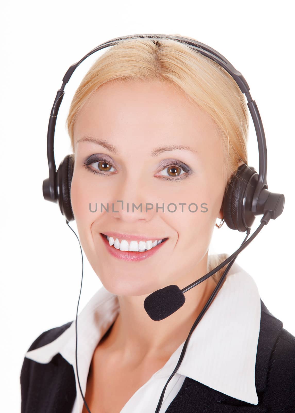 Cheerfull call center operator against white background