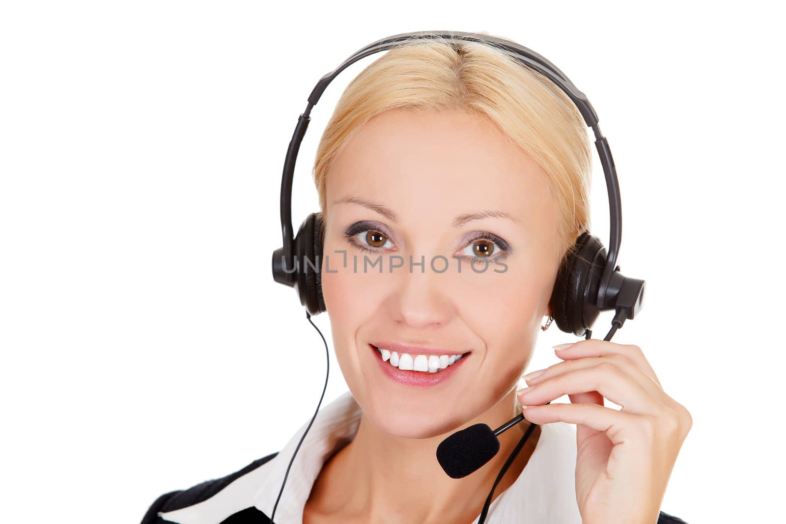 Cheerful call center operator against white background by Nobilior