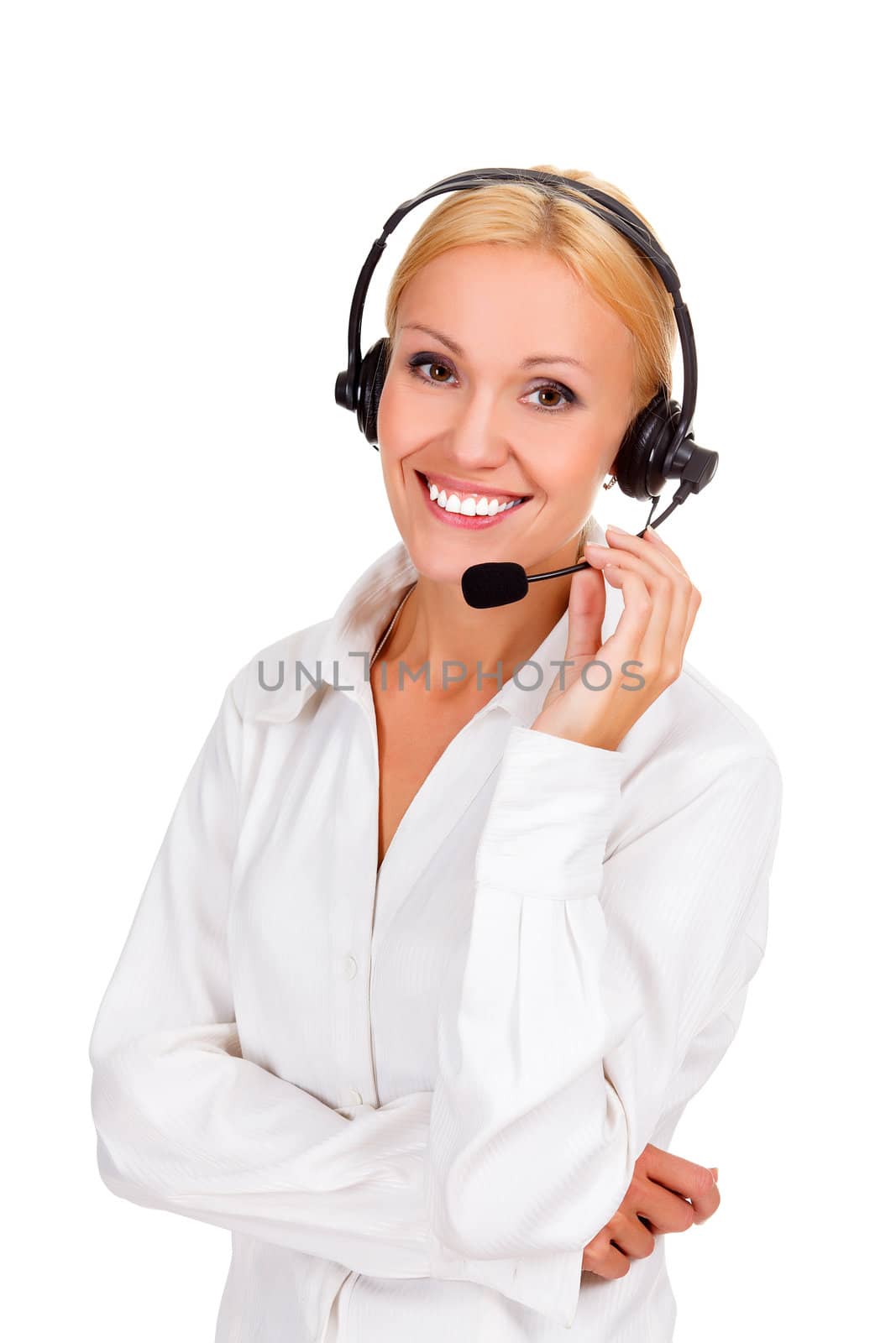 Happy woman with headset and smiling, isolated over a white backgorund