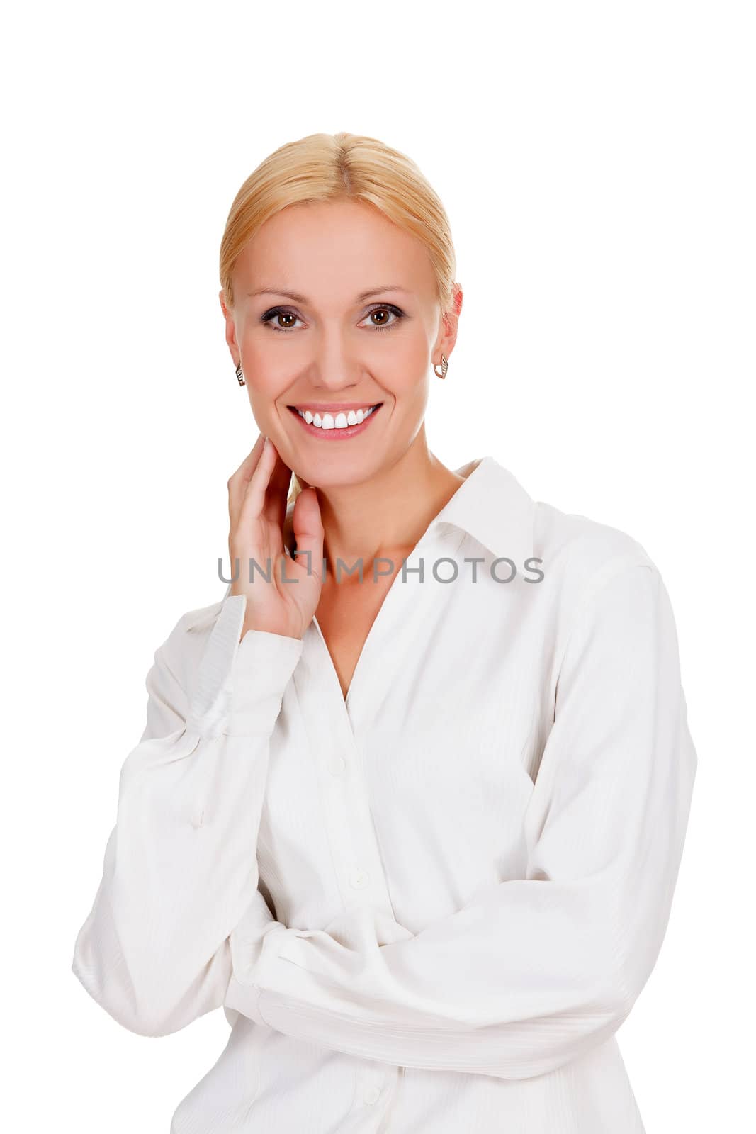 Beautiful young businesswoman agaisnt white background