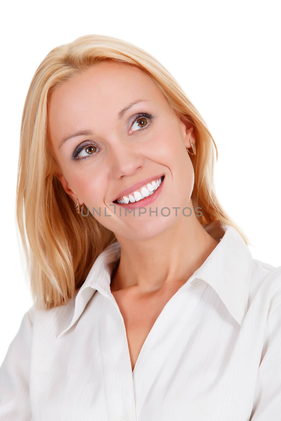 beautiful young woman in cheerful mood smiling, white background