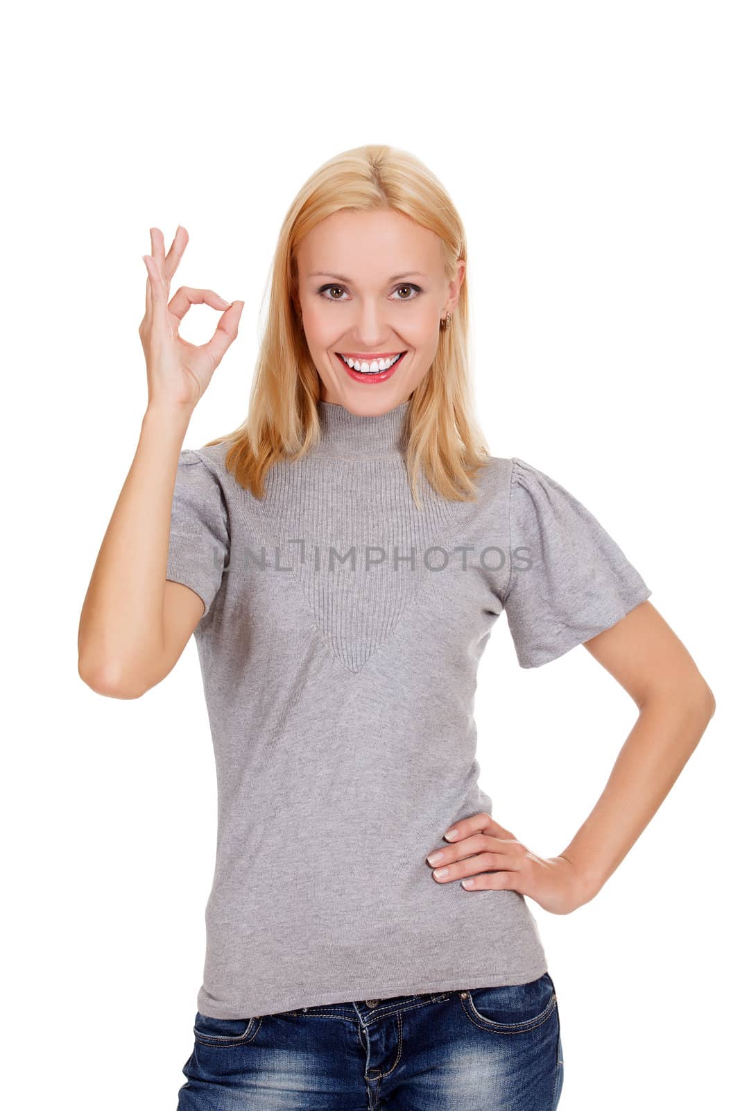 smiling beautiful woman showing okay gesture, isolated on white background