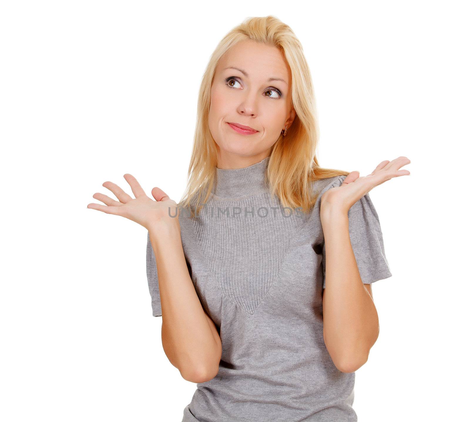 I don't know. Young woman against white background