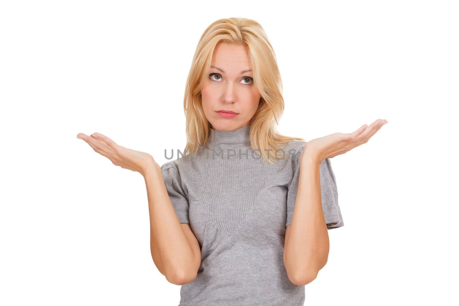 I don't know. Young woman against white background