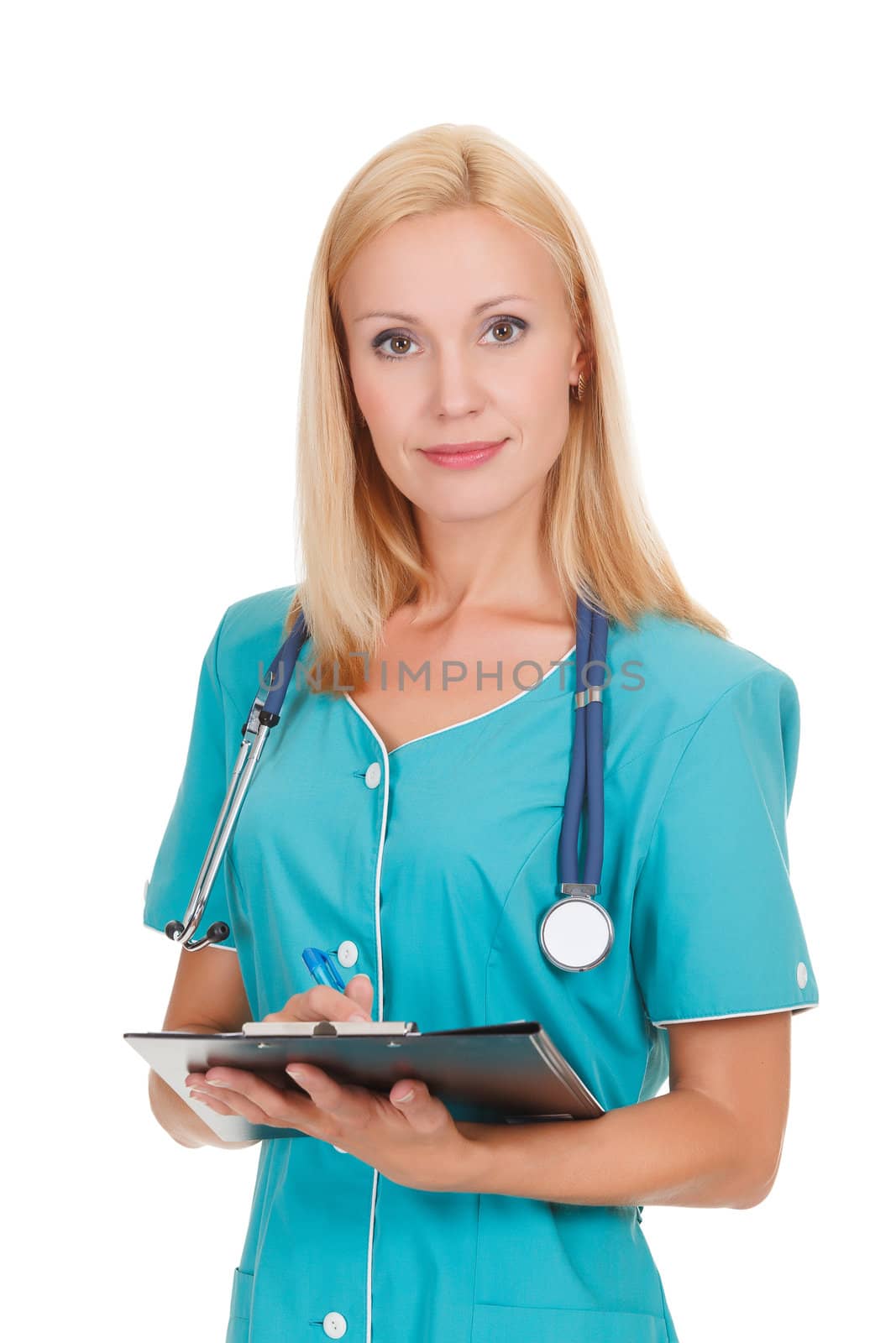 Smiling medical doctor woman with stethoscope and clipboard. Isolated over white background