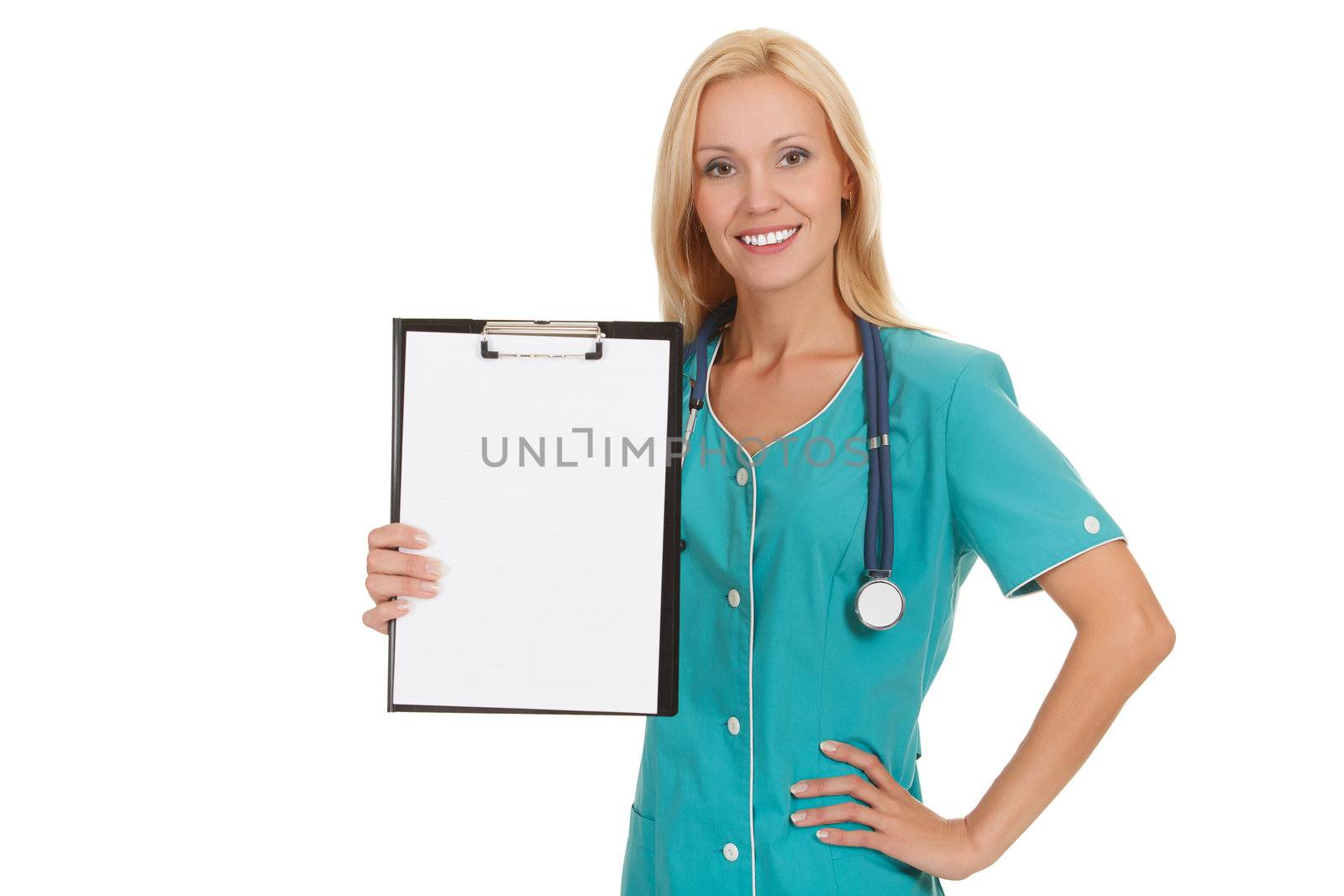 Woman doctor showing clipboard with copyspace by Nobilior