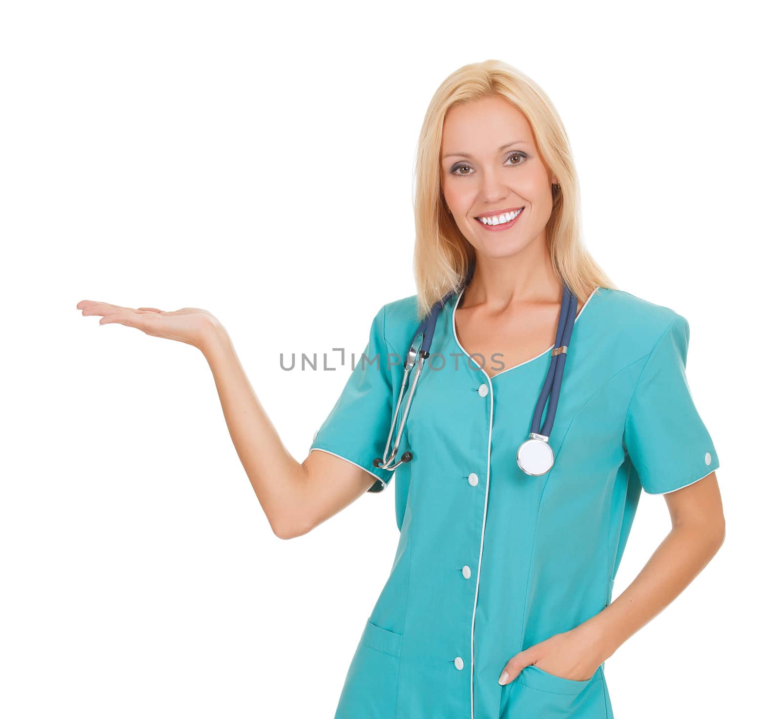 female doctor holding something on her hand, white background