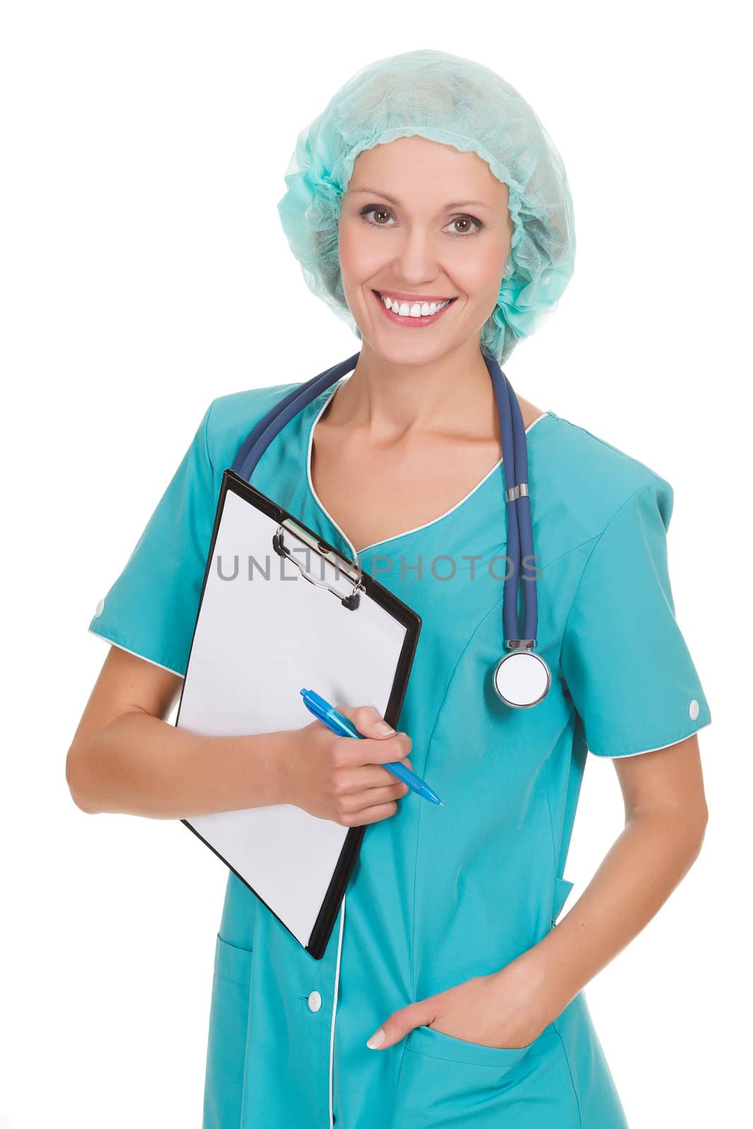 Smiling medical doctor woman with stethoscope and clipboard by Nobilior