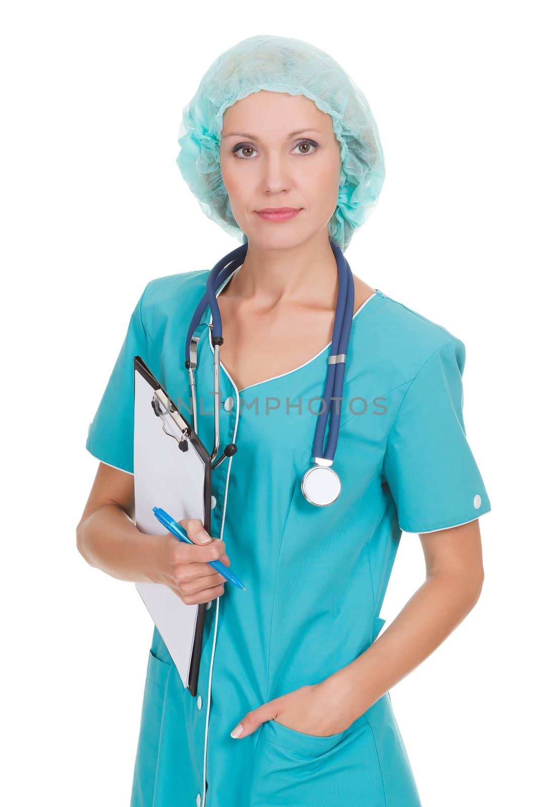 medical doctor woman with stethoscope and clipboard. Isolated over white background