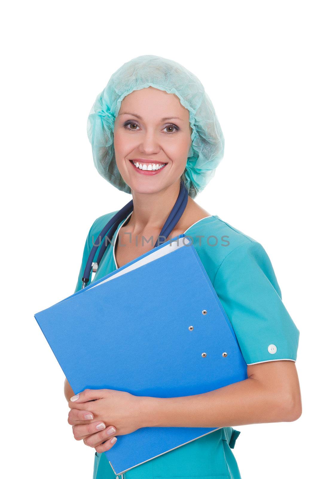 Happy doctor woman holding a folder, white background