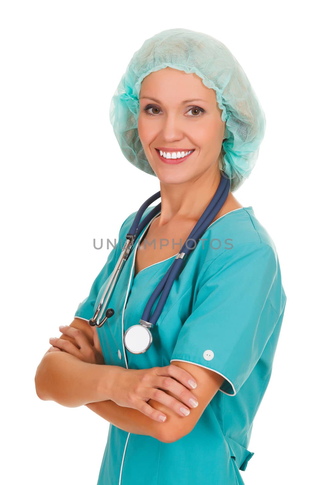 Female doctor smiling to you, isolated over a white background