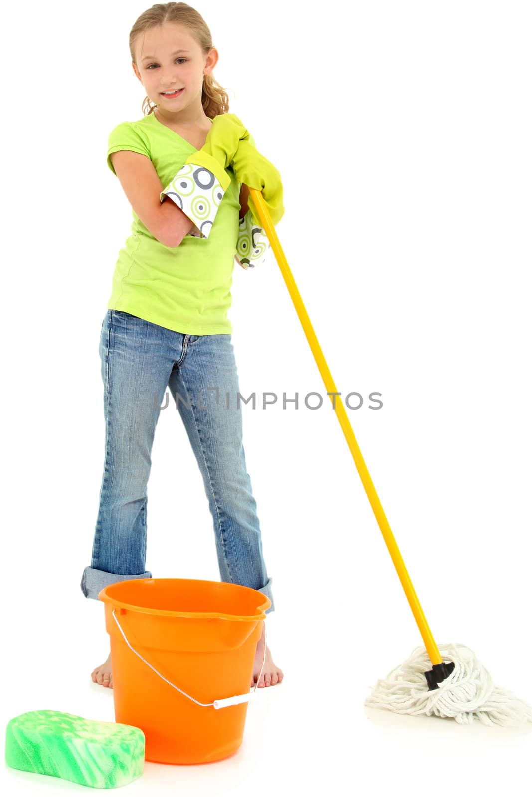 Beautiful Young Girl Doing Spring Cleaning Chores with Mop and Bucket barefoot over white background.