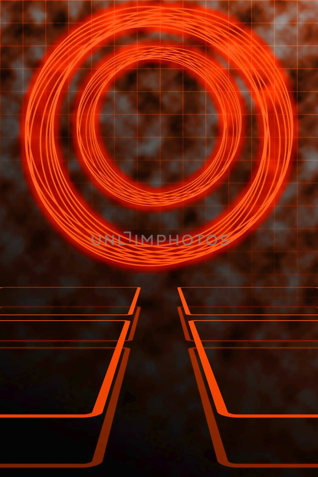 Abstract Matrix or Tron Style Background in Orange and Black with Grid.