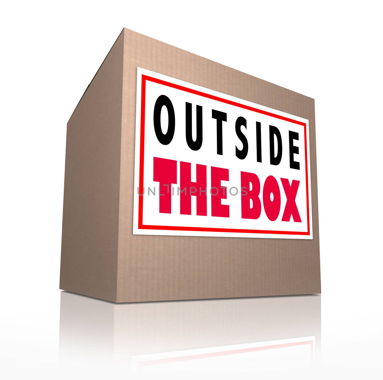 The words Outside the Box on a cardboard package to represent innovation, unconventional and creative thinking in solving a problem or brainstorming