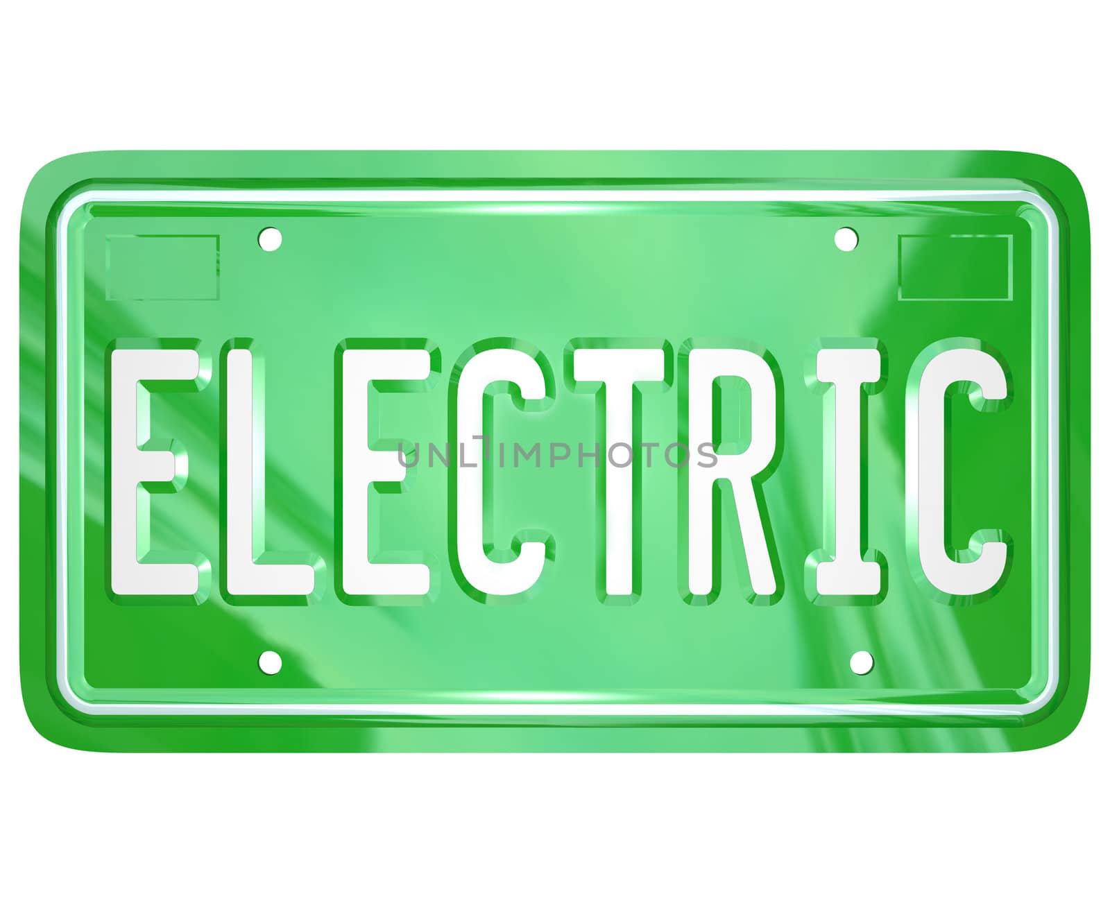 The word Electric on a green metal license plate for a car, automobile or other vehicle that uses alternative fuel or energy to save the environment through reduction of carbon gas emissions