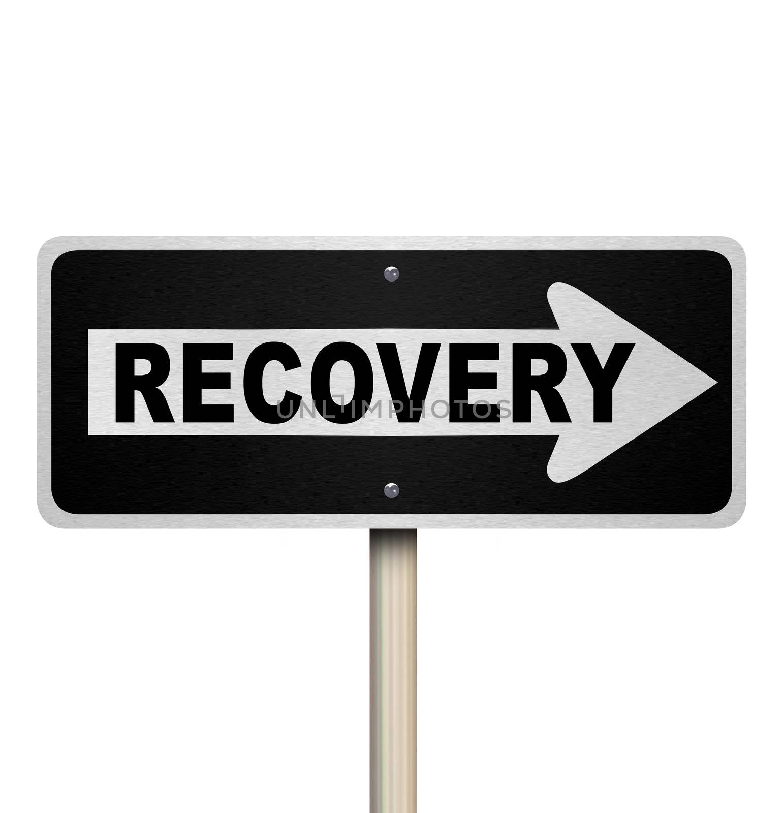 The word Recovery on a one-way arrow street or road sign pointing to improvement, growth, rejuvenation, increase or getting better in health, work, economy or life