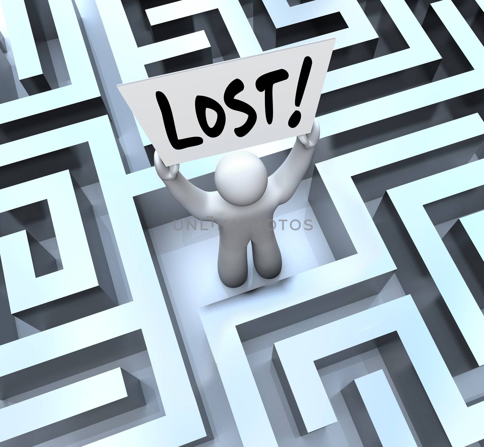 The word Lost on a sign held by a man or person stuck in a maze or labyrinth looking for a way out or to be rescued