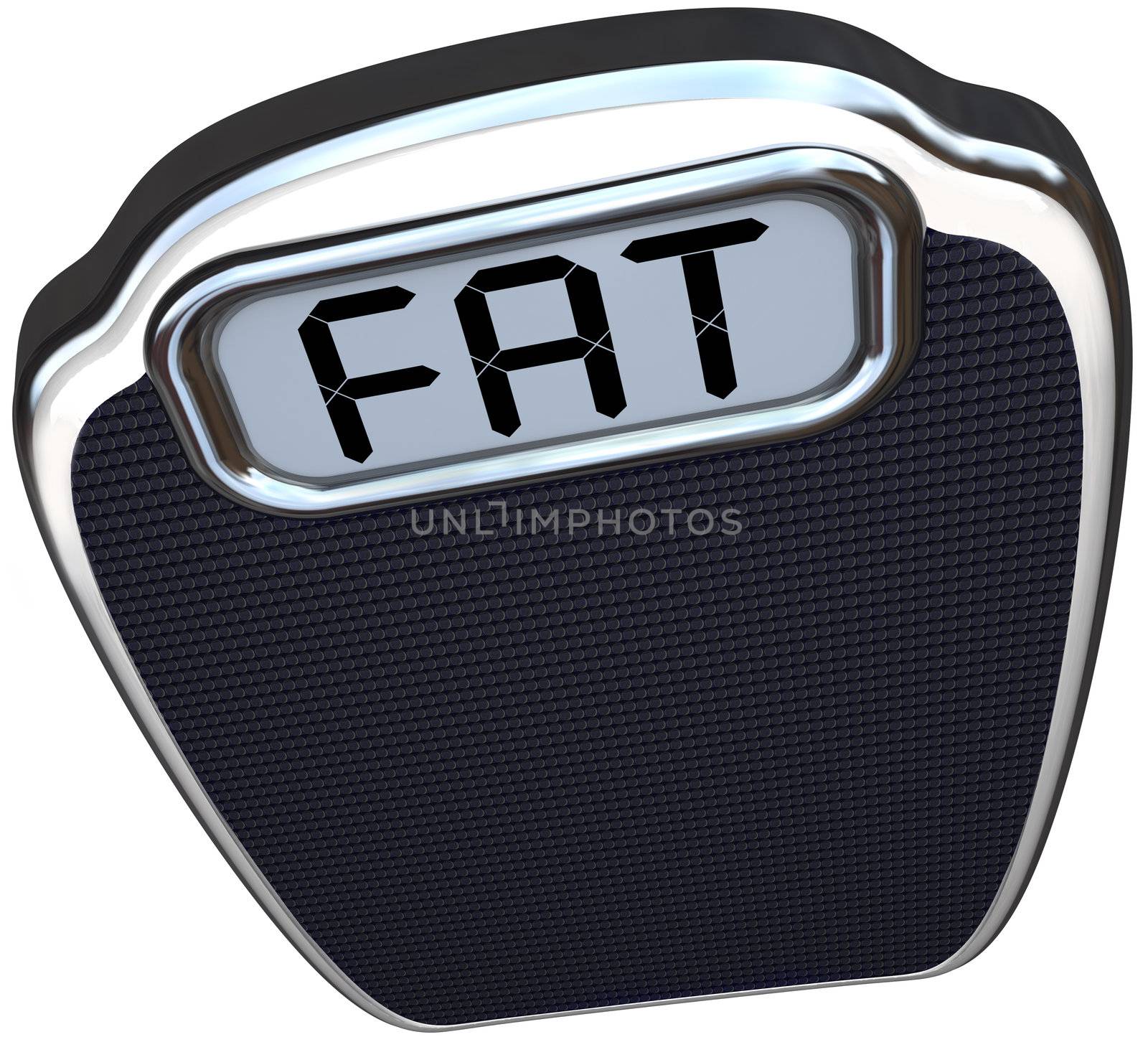 The word Fat on the digital display of a scale illustrating being heavy, overweight, obese or unhealthy telling you to lose weight and be healthier