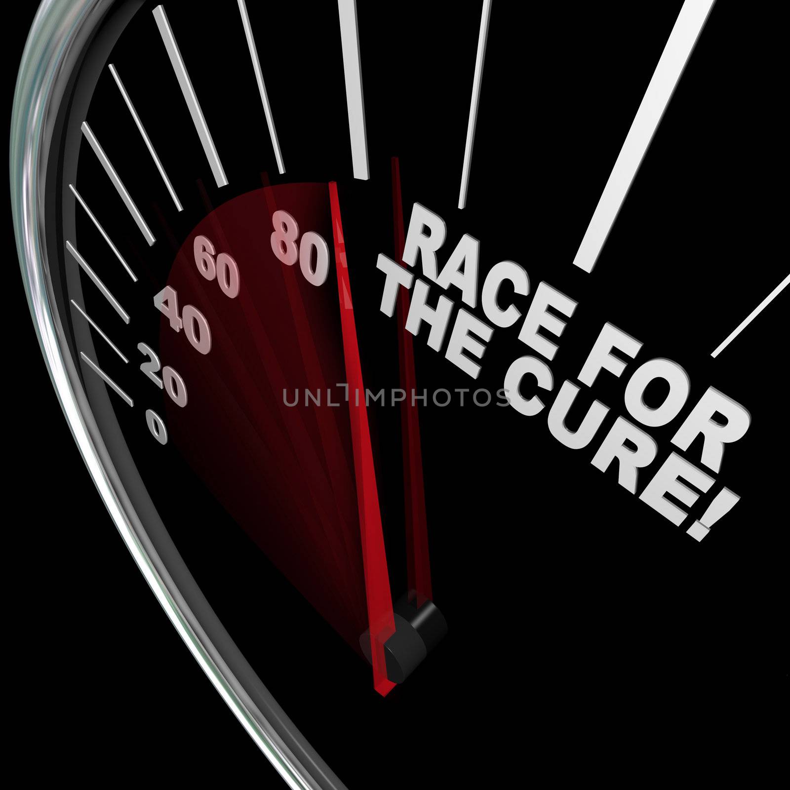 A black speedometer with white words Race for the Cure illustrating a fundrasier or charity walk or run to raise funds for medical research to fight an illness or disease such as cancer