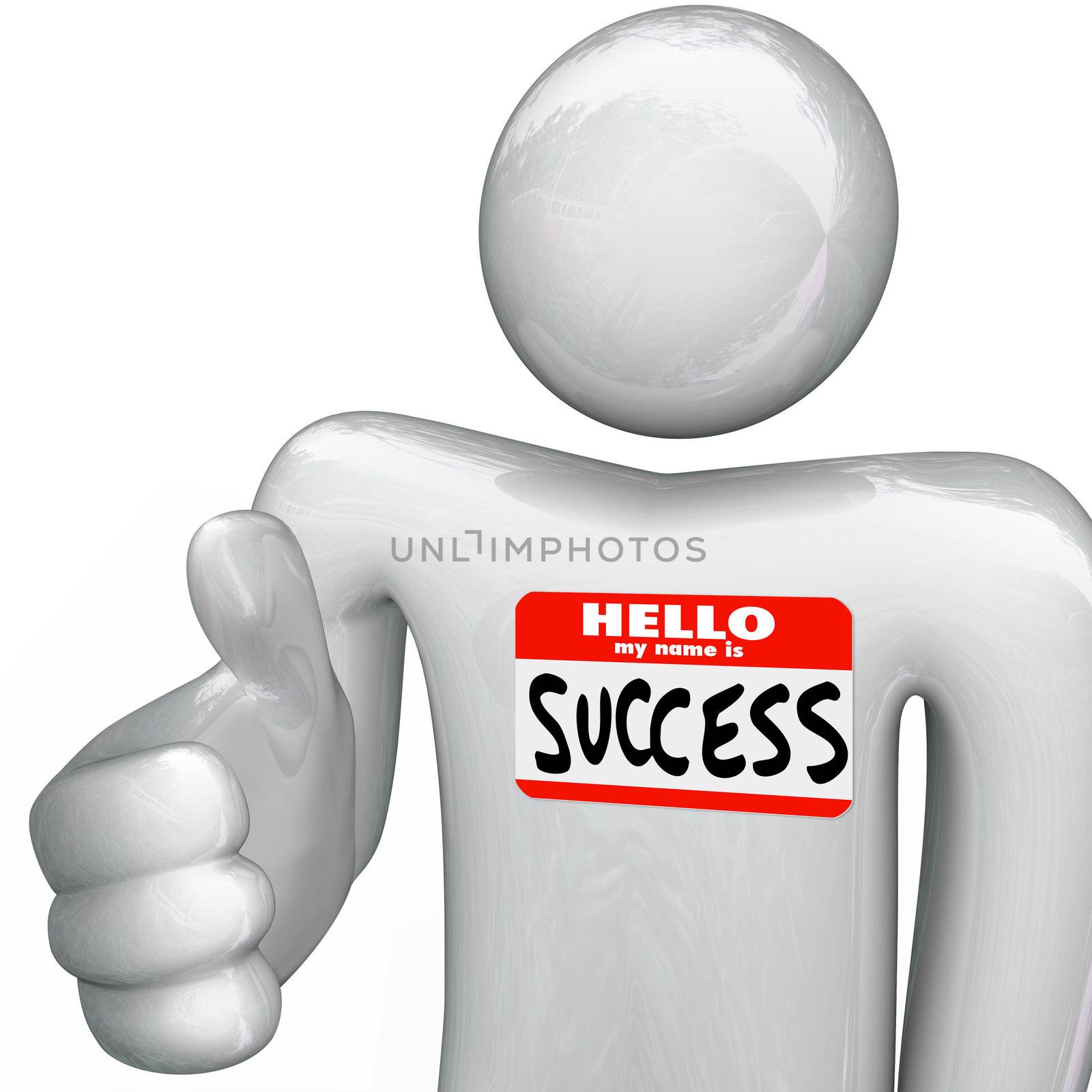 A person holds out his hand for a handshake, greeting you with a nametag reading Hello My Name is Success symbolizing a winning attitude, successful plan and new opportunities to win