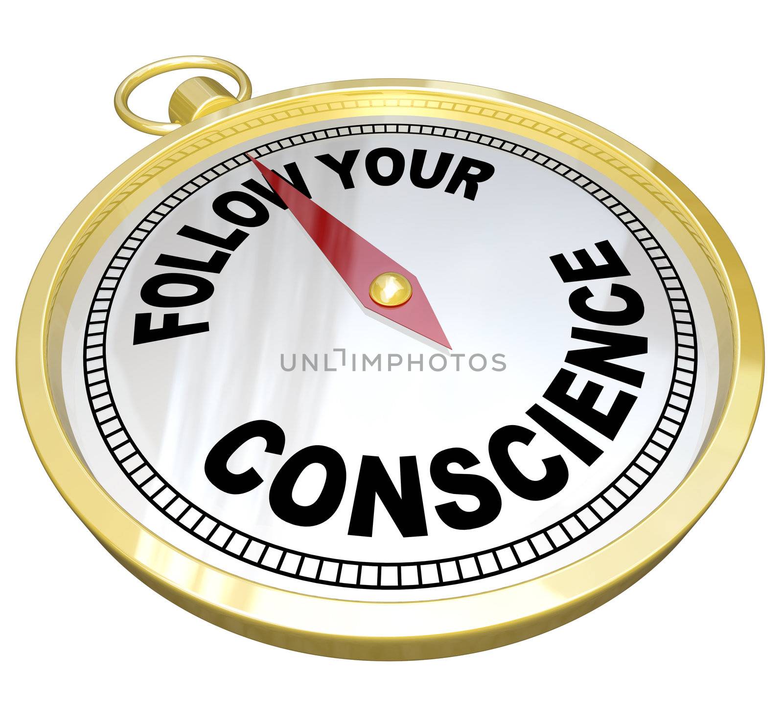 The words Follow Your Conscience on a golden compass to help you see the difference between right vs wrong