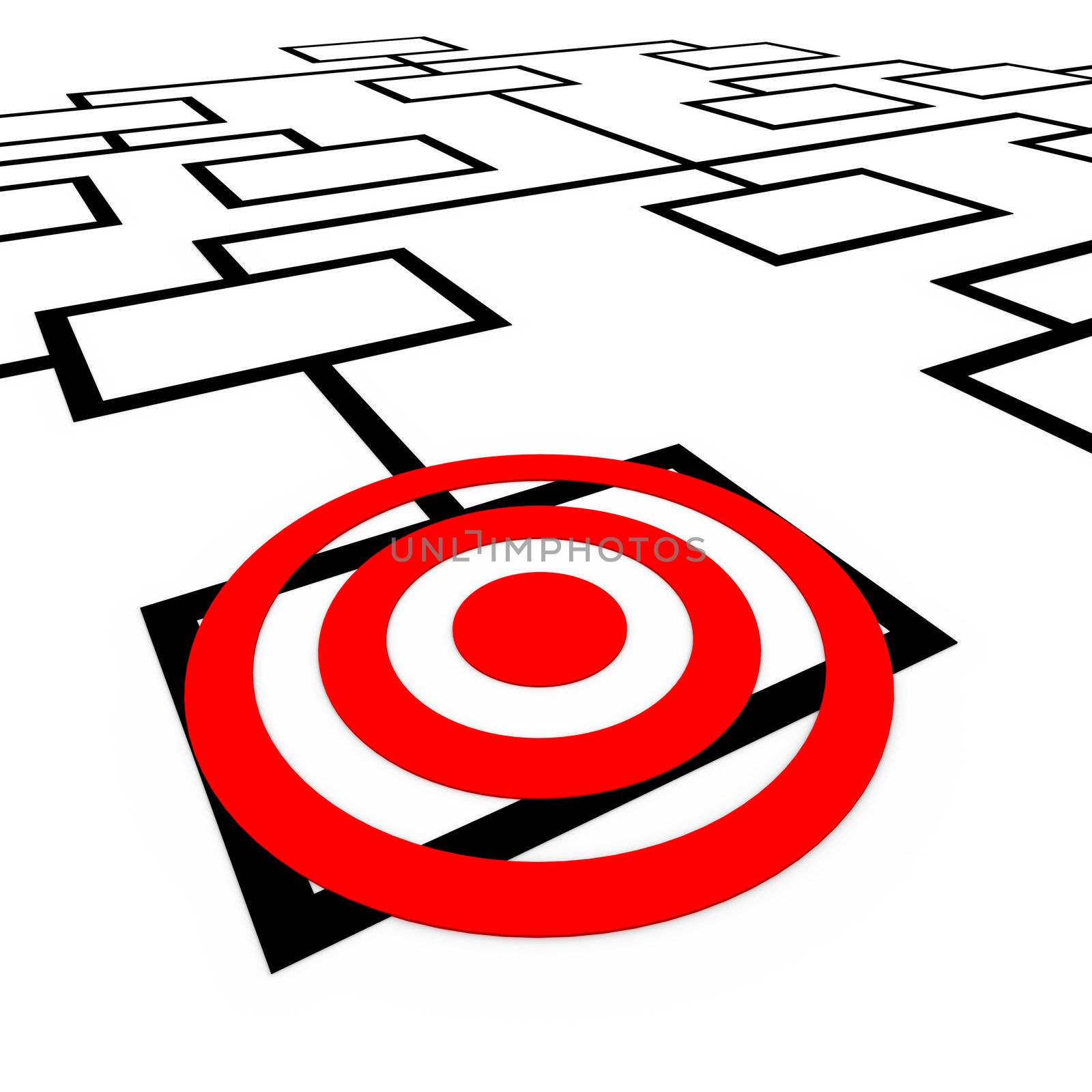 A bulls-eye target on a box in an organization org chart diagram, representing one position or employee being targeted or watched for promotion or elimination