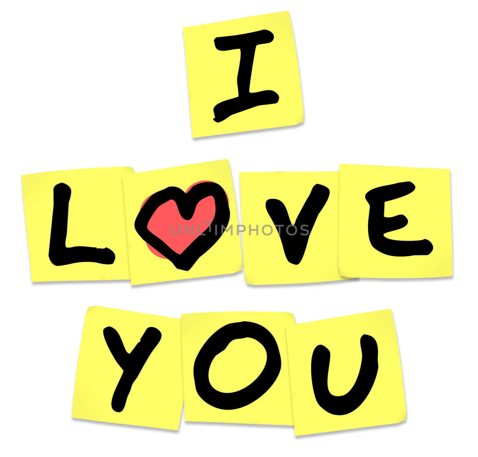 The words I Love You written on yellow sticky notes to share emotions, with an affectionate message of passion 