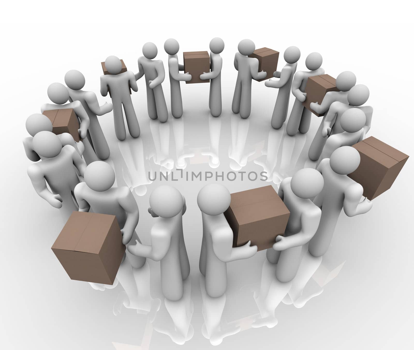 A team of people working in a circle process or system to deliver boxes and packages in a shipping and receiving department