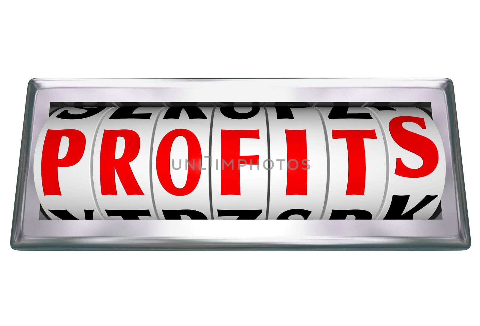 The word Profits on an odometer wheel to represent growing revenue and making more money with more sales and successful earnings