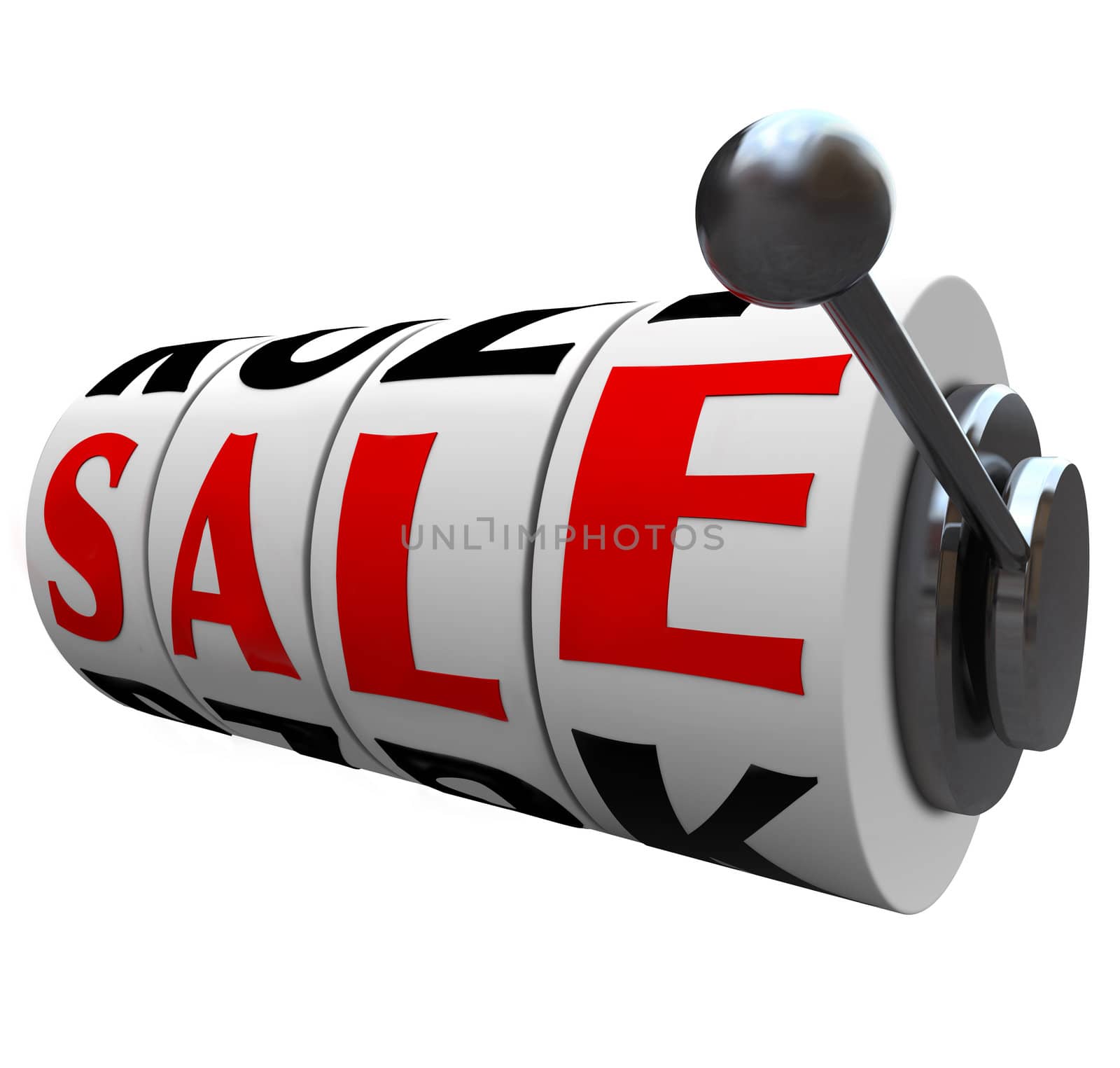 The word Sale spelled out on wheels of a slot machine, representing a discount opportunity or clearance event where you can save money