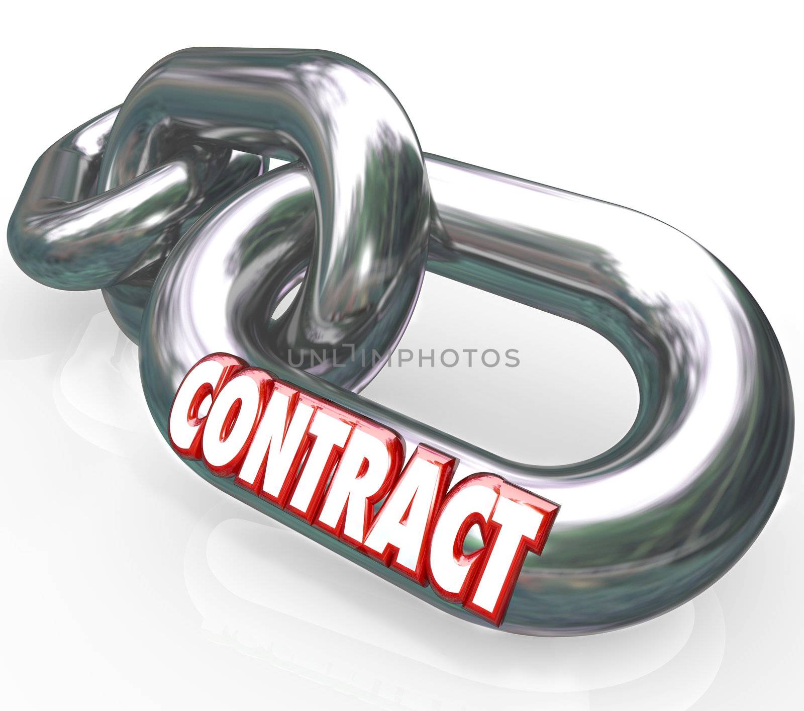 The word Contract on a metal chain link connected to other chains and links to symbolize an agreement,  legally binding promise or guarantee between two parties