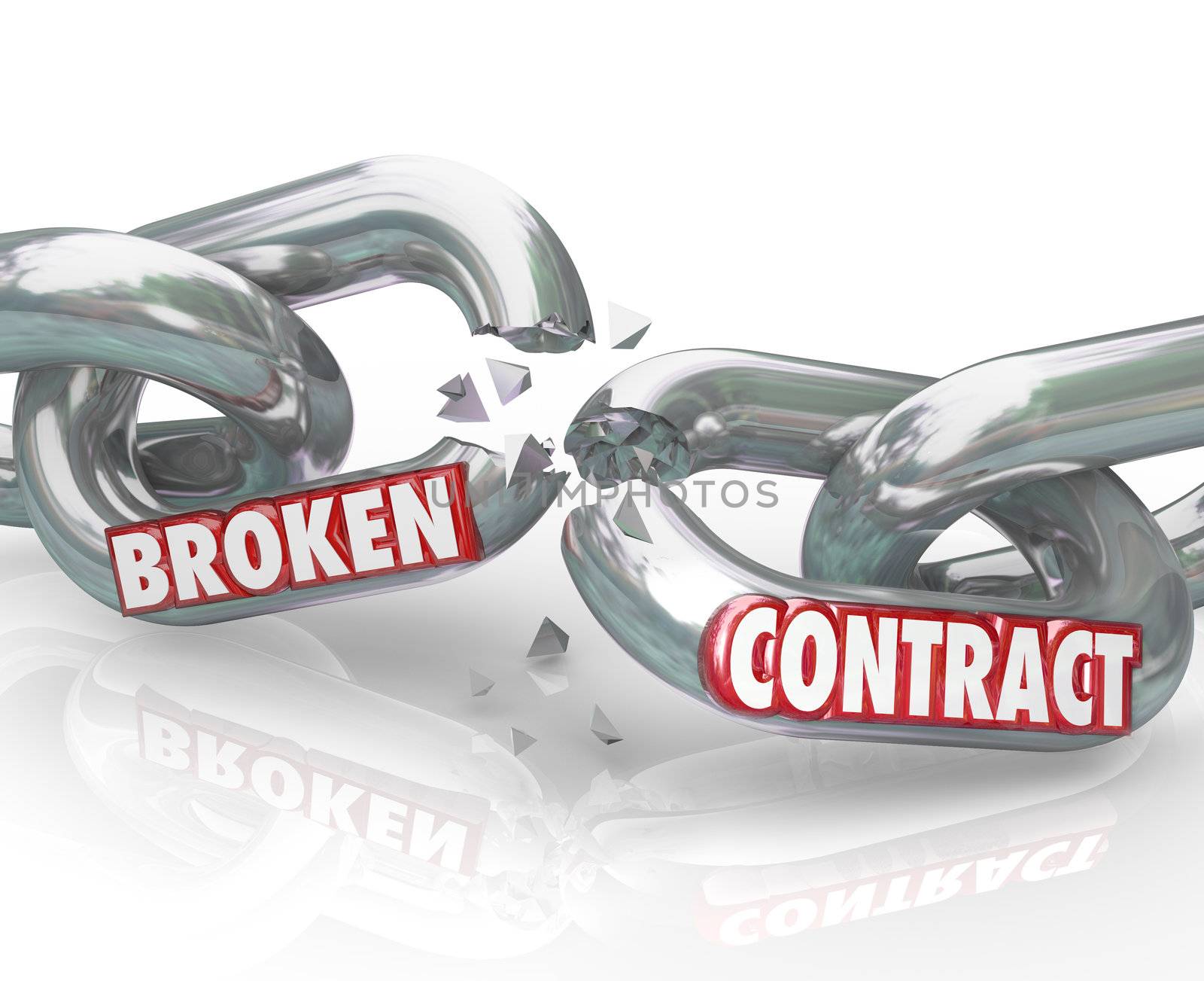 The words Broken Contract on chain links pulling apart to symbolize the ending or breaking of a commitment, agreement, deal, treaty, or other obligation between two parties