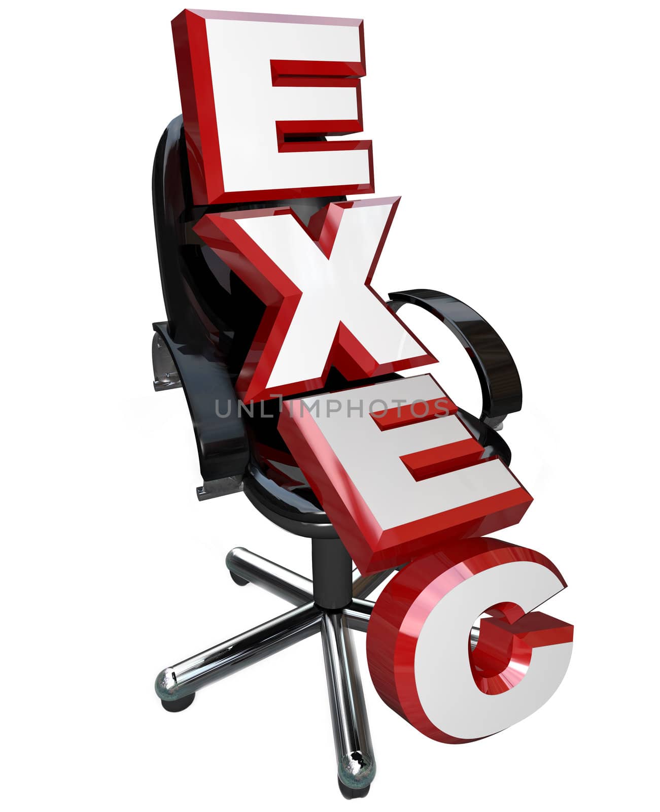 A black leather office chair with the letters of the word Exec standing for Executive, meaning this position is for the top leader, director, president, manager, supervisor, boss or head honcho