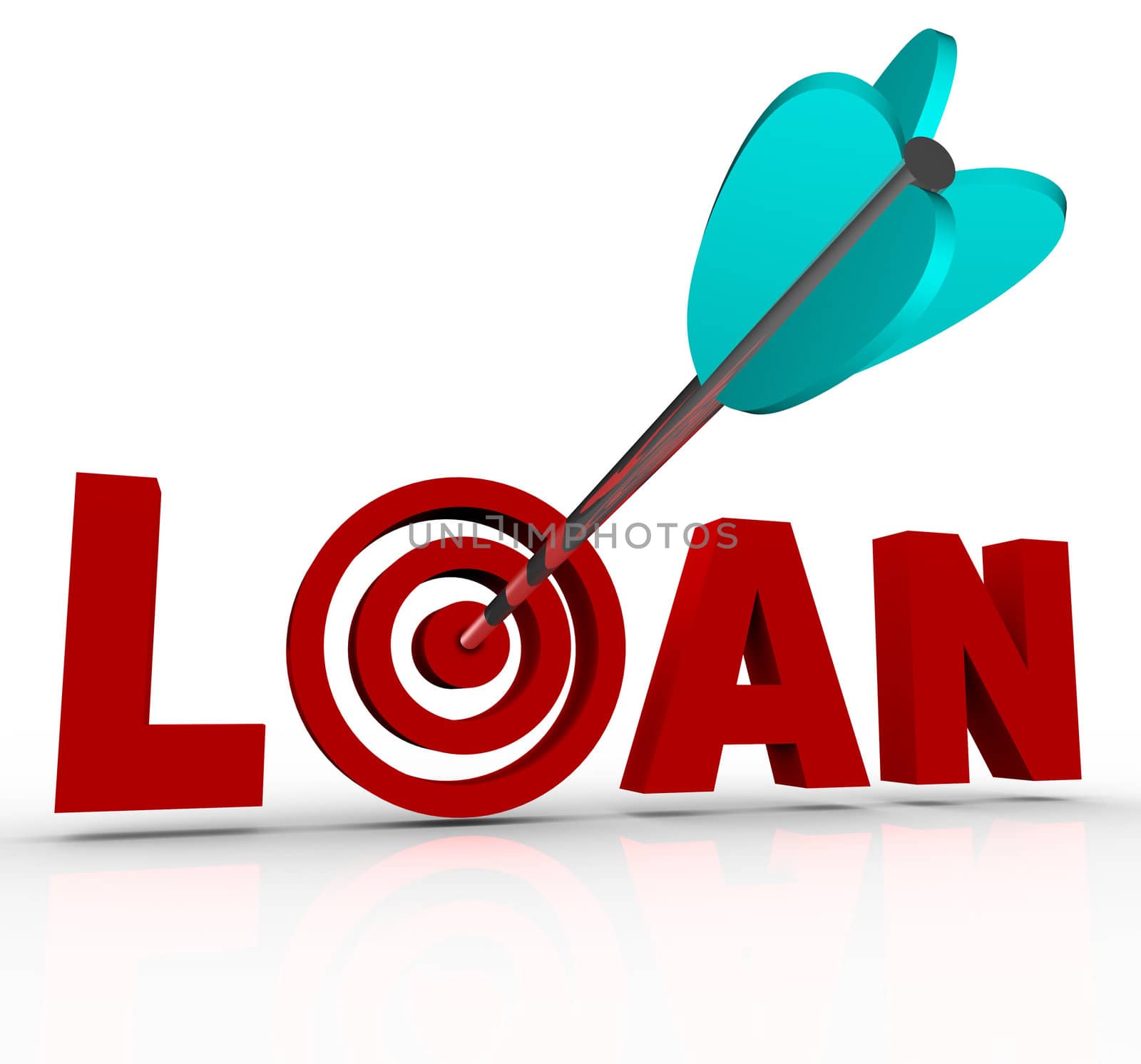 The word Loan in red letters with an arrow hitting the target bullseye in place of the letter O, symbolizing finding financing for a home mortgage, business or other major purchase