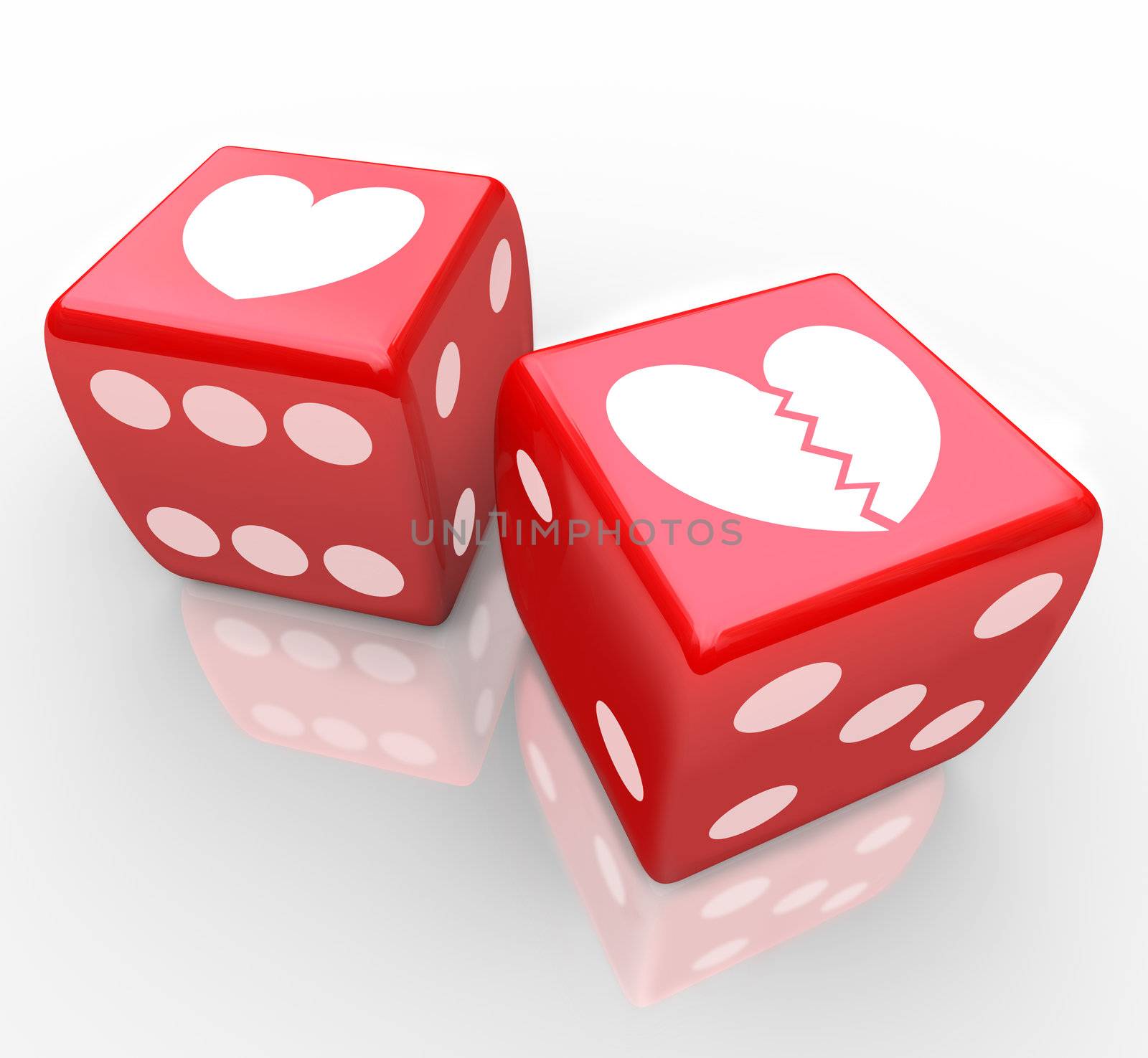 Two hearts on dice, one broken to symbolize the risk in love, dating, relationships, marriage and divorce in the game of sharing your heart with someone elese