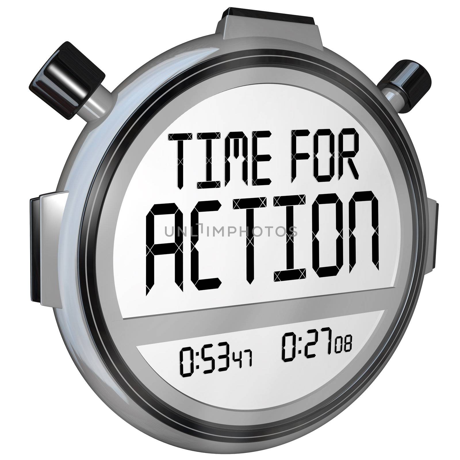 The words Time for Action on a stopwatch timer clock demanding you to act to solve a crisis or solve an emergency immediate problem