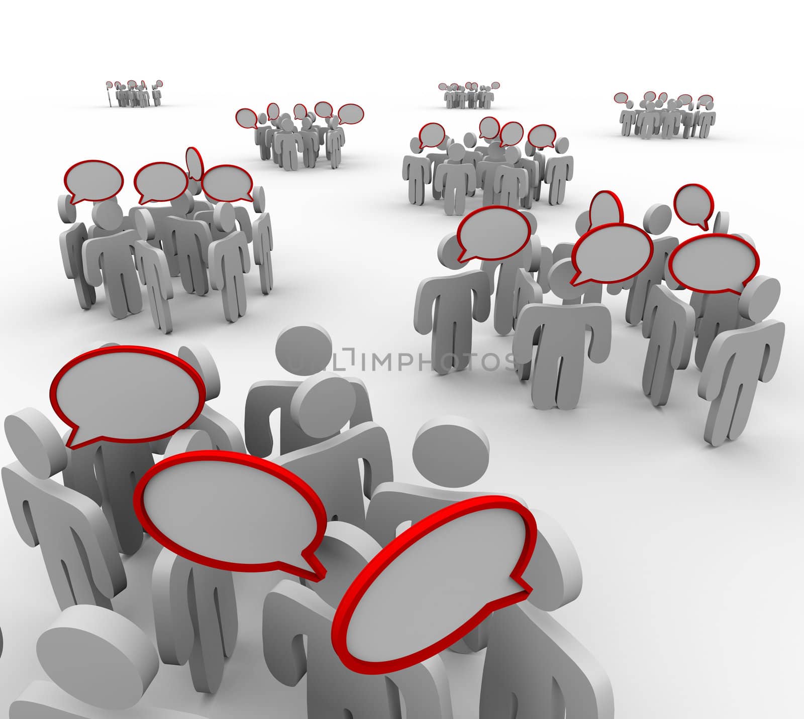 Several groups of people having different conversations with speech bubbles representing talking, sharing information and communication