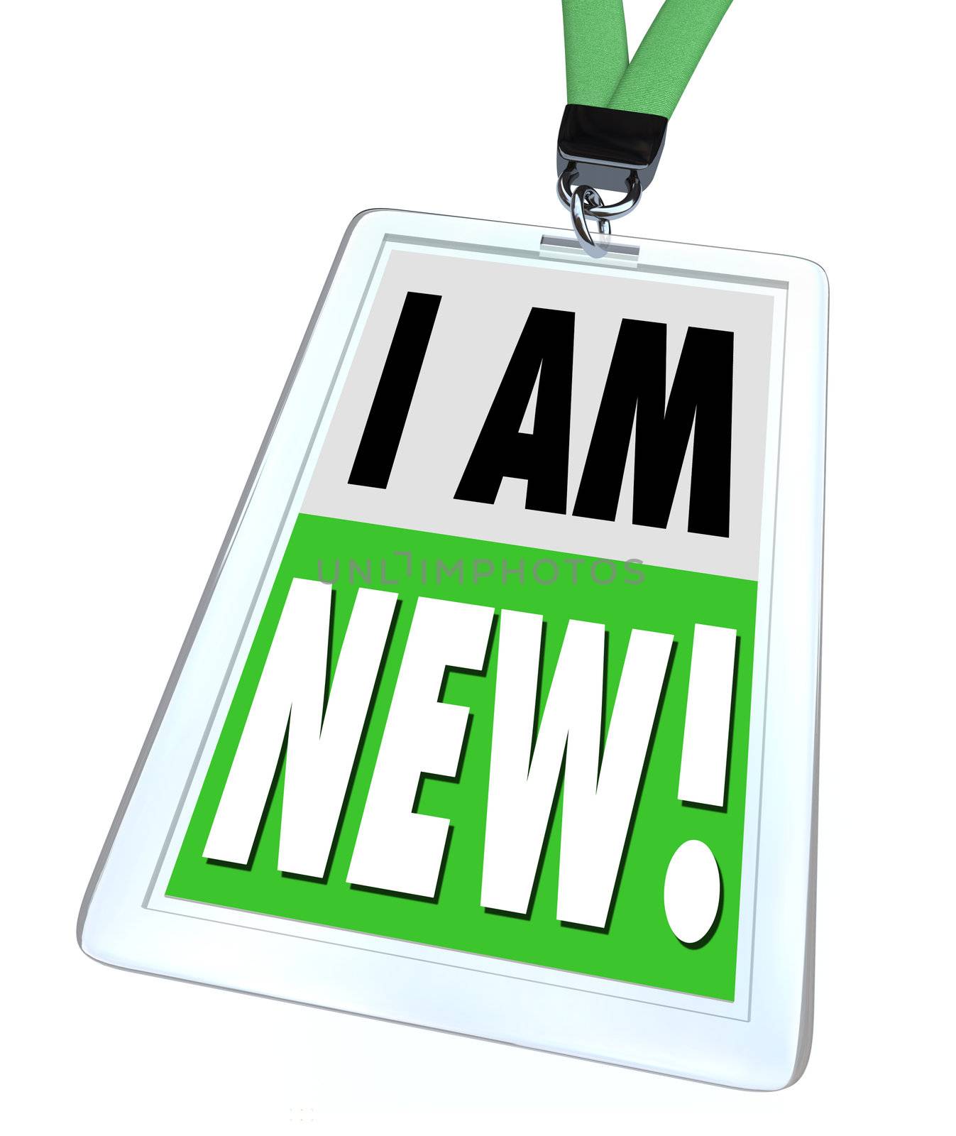 The words I Am New on a green badge and lanyard to help a recently hired employee meet co-workers or indicate a product is improved and updated