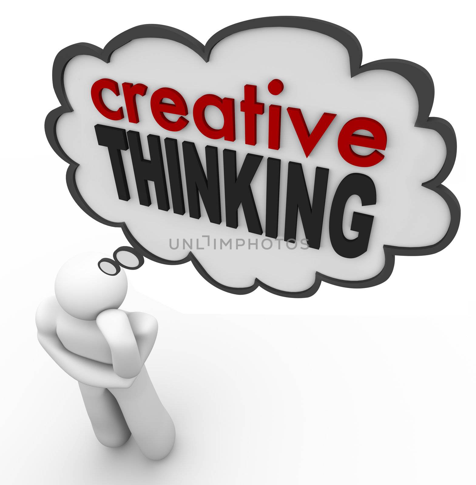 A person thinks of the words Creative Thinking to represent brainstorming, thought, creativity, inspiration, innovation and invention