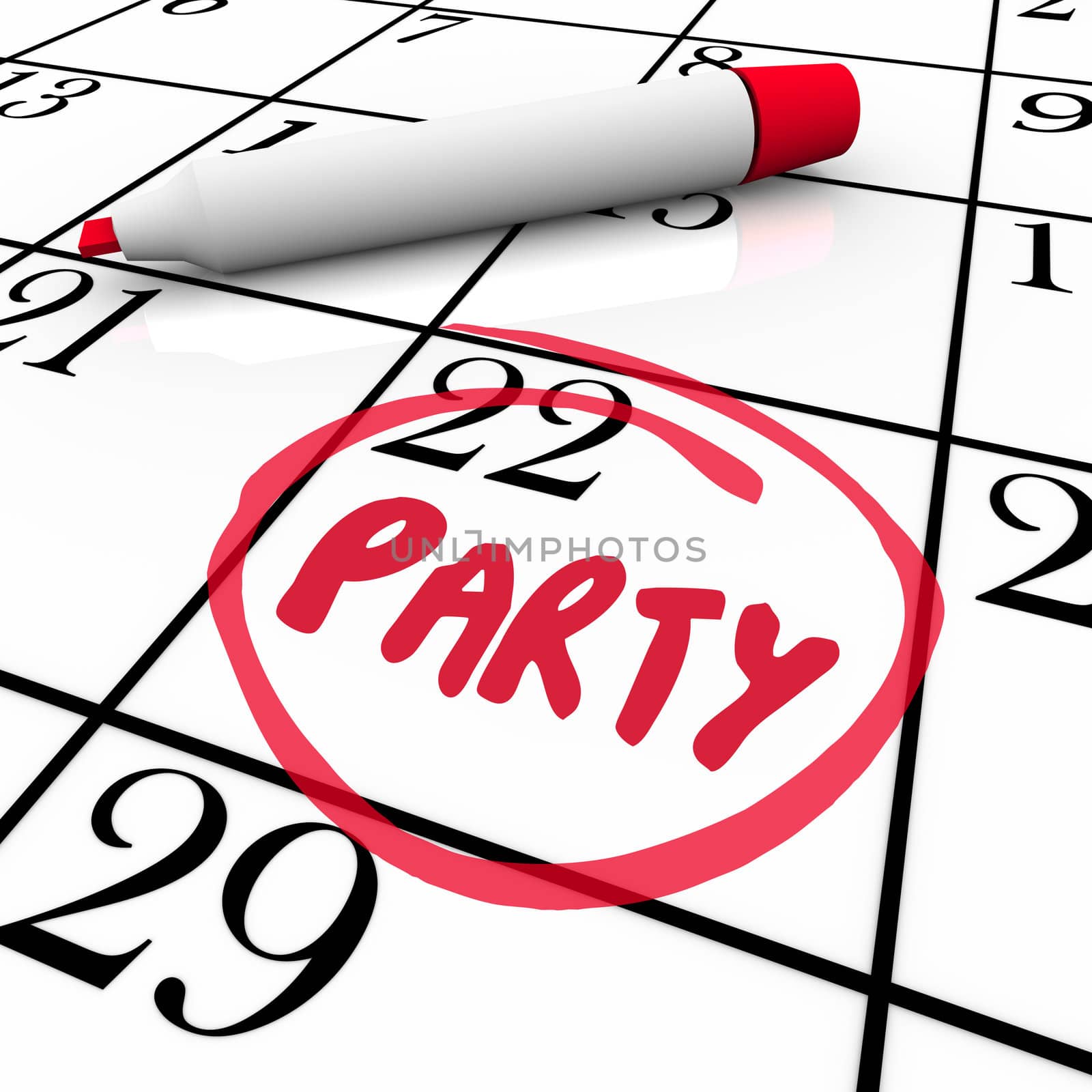 The word Party written on a calendar and circled to remind you of the day and date of a special celebration or event