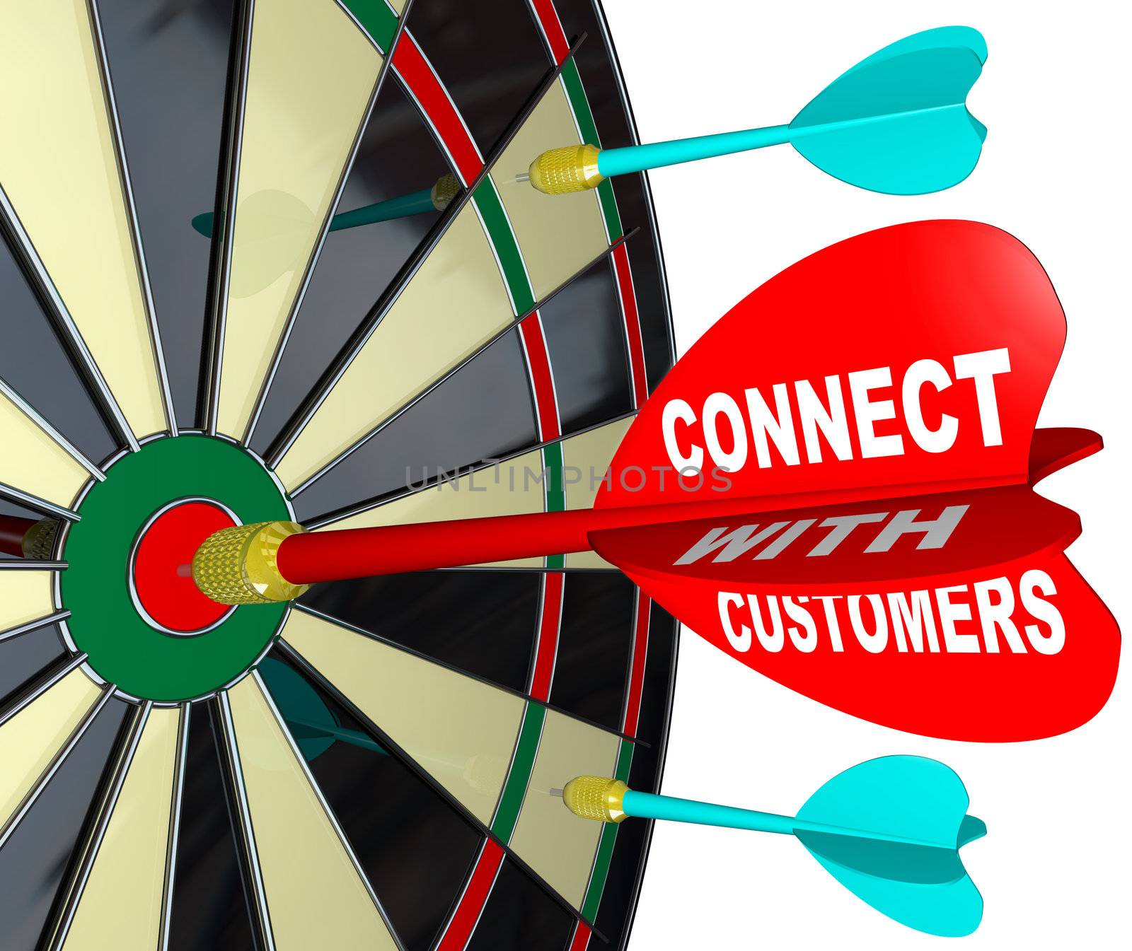 A red dart with the words Connect with Customers hitting the center or bulls-eye of a dartboard to represent successful communication and forging a bond with a customer