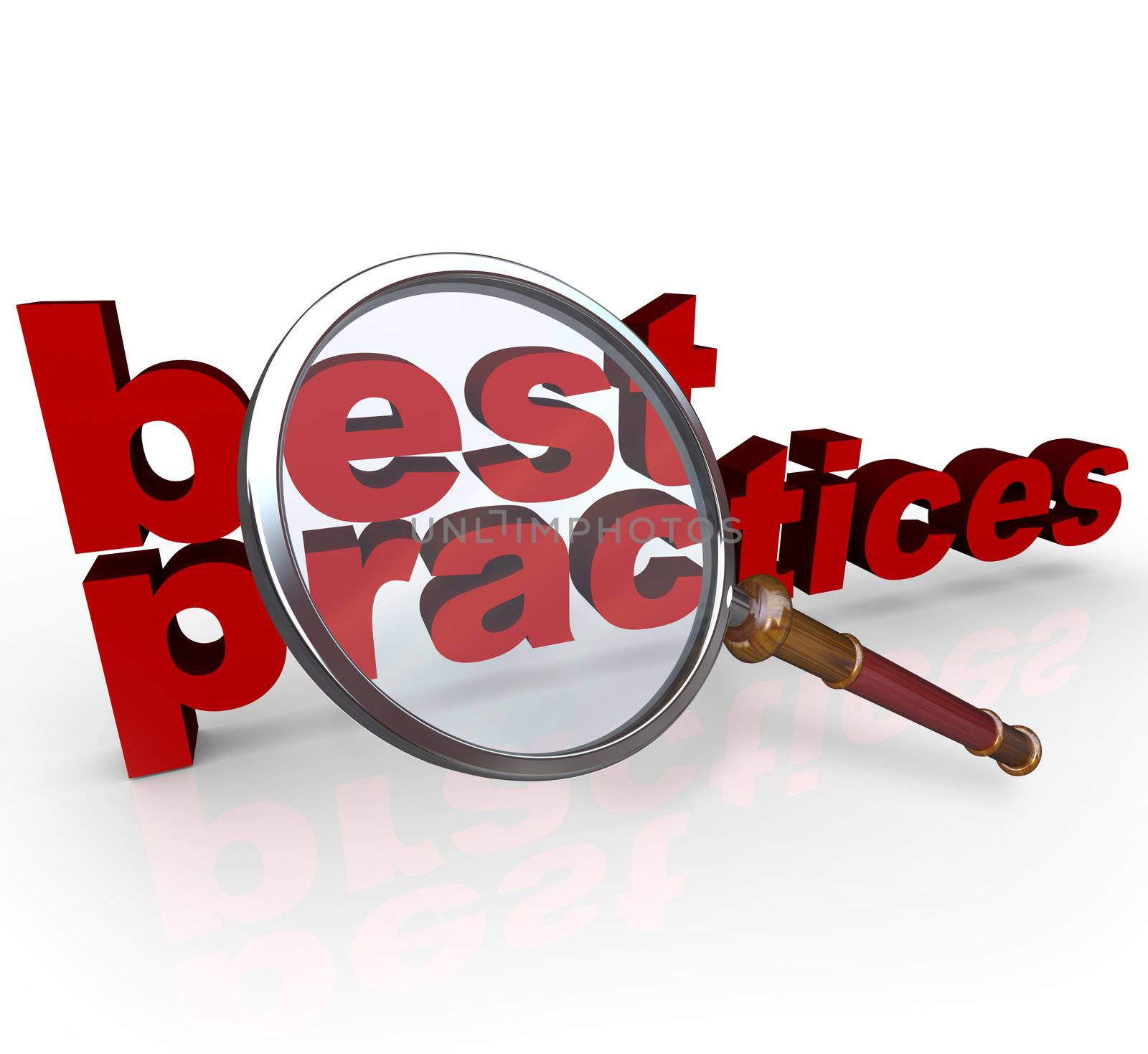The words Best Practices in red letters under a magnifying glass to provide examples and lessons of good management ideas and advice