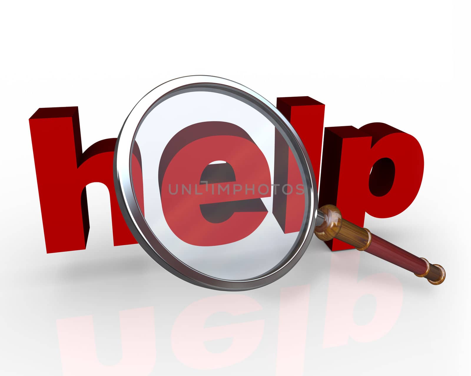 The 3d word Help under a magnifying glass, symbolizing the search for help, support, answers, support, tips, guidance, instructions and a solution to a problem