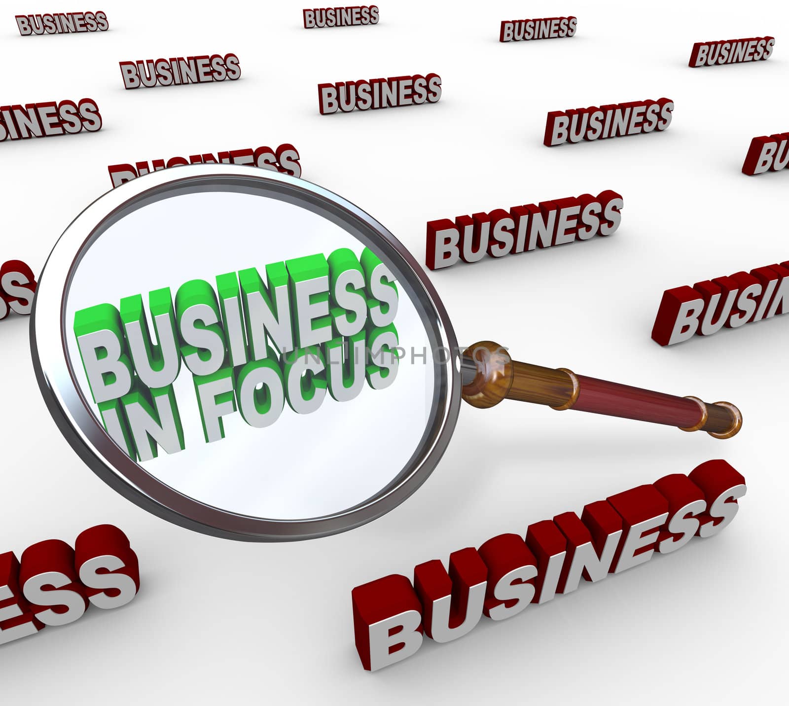 The words Business in Focus under a magnifying glass symbolizing management, marketing and leadership in managing a company or organization to growth and success