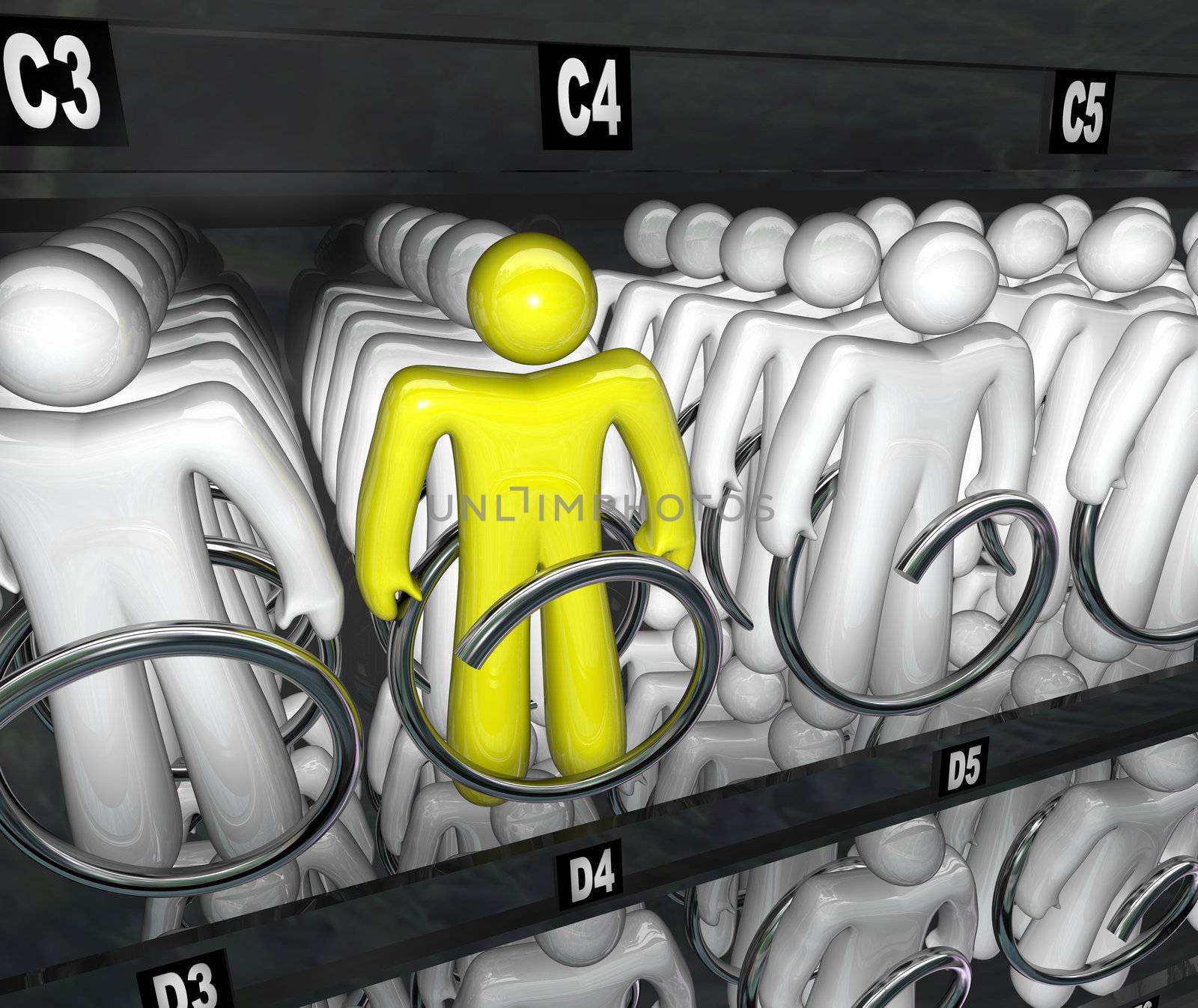 Many people in a snack vending machine symbolizing choice and selection and standing apart as different and unique to be chosen and get a job or be picked