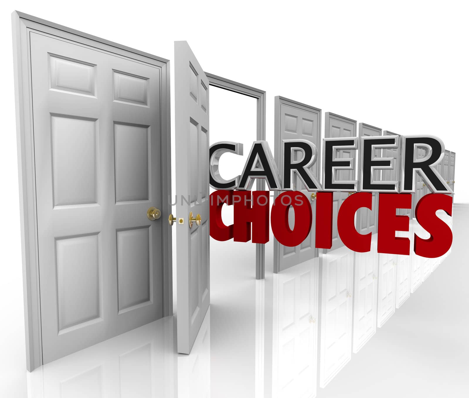 The words Career Choices coming out of an open door to represent opportunities and options in choosing your job path in your professional life