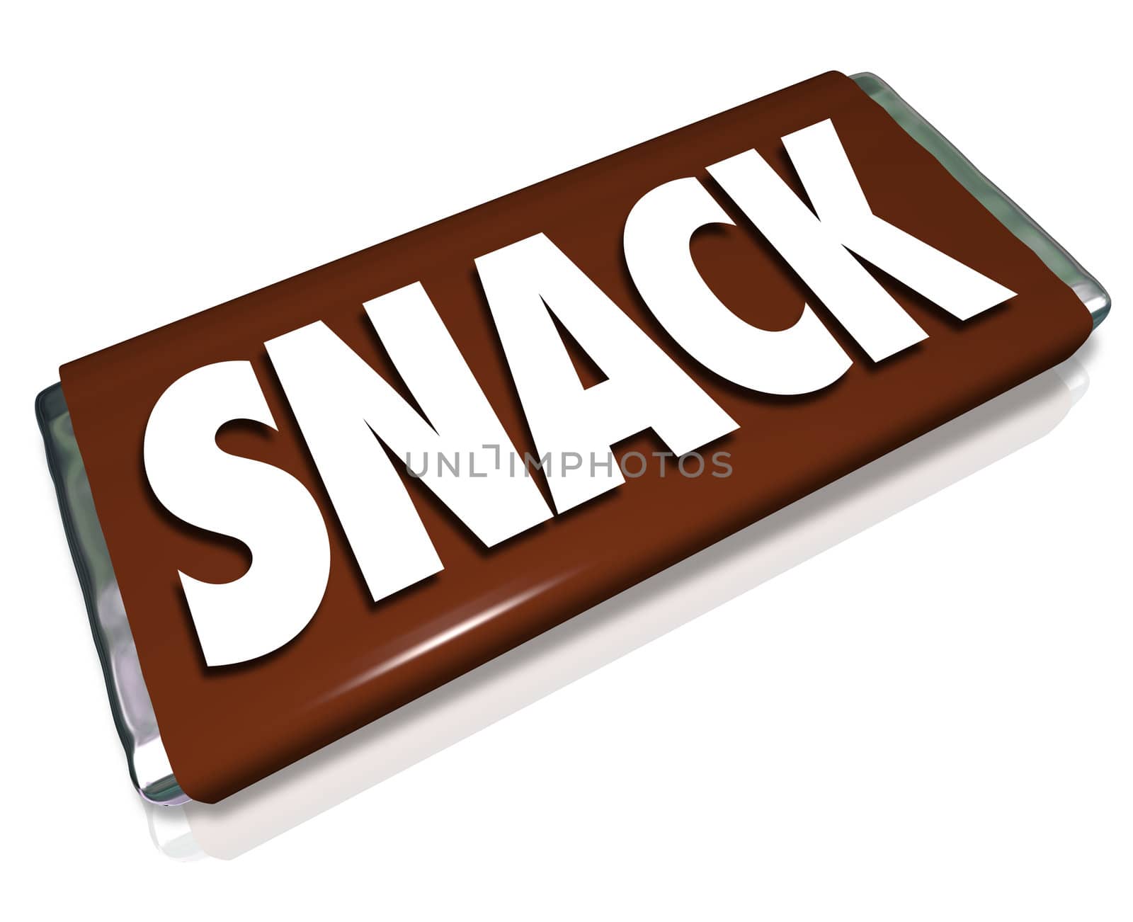 A brown chocolate candy bar wrapper with the word Snack illustrating junk food, high-calorie snacks to avoid if dieting, and unhealthy eating