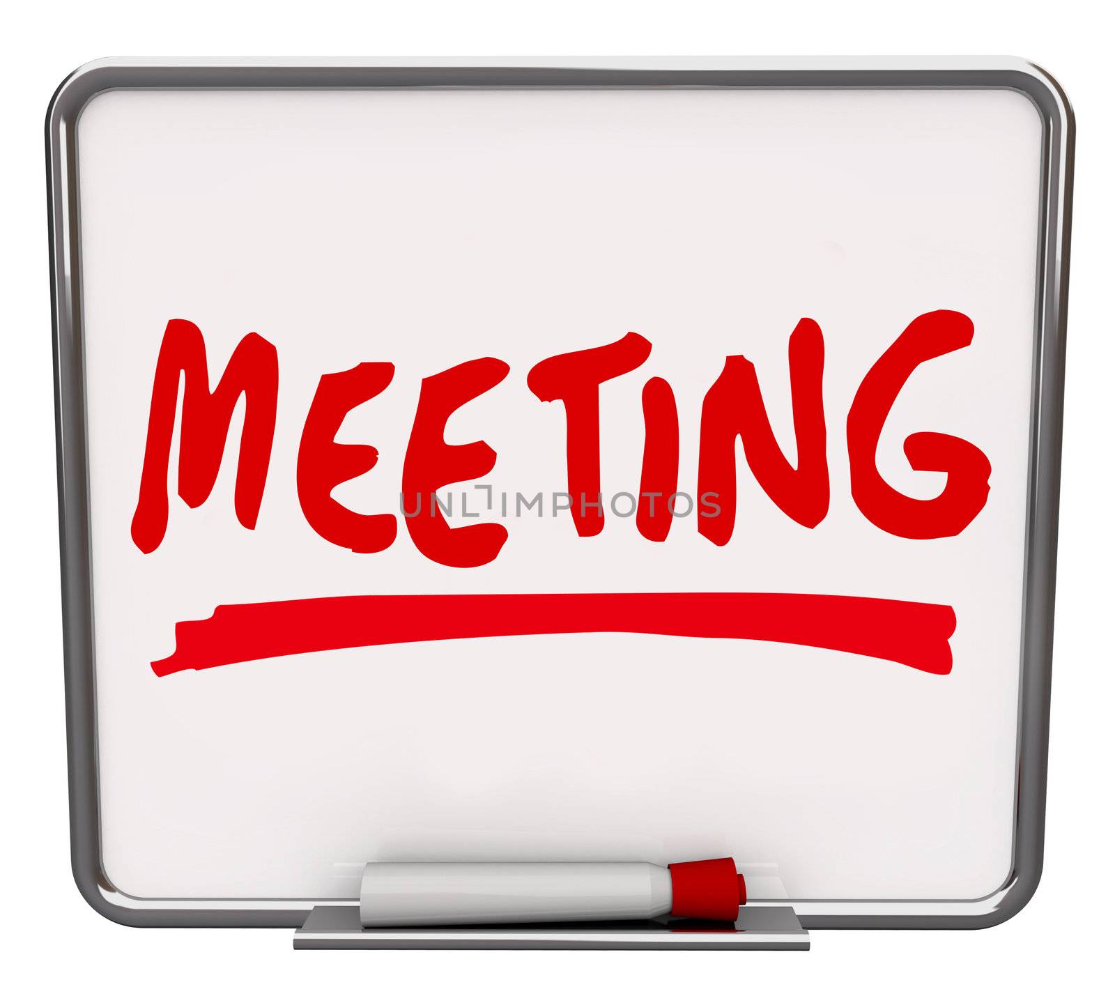 The word Meeting written on a dry erase board with a red marker, promoting a presentation, meetup, discussion or other information sharing event or session